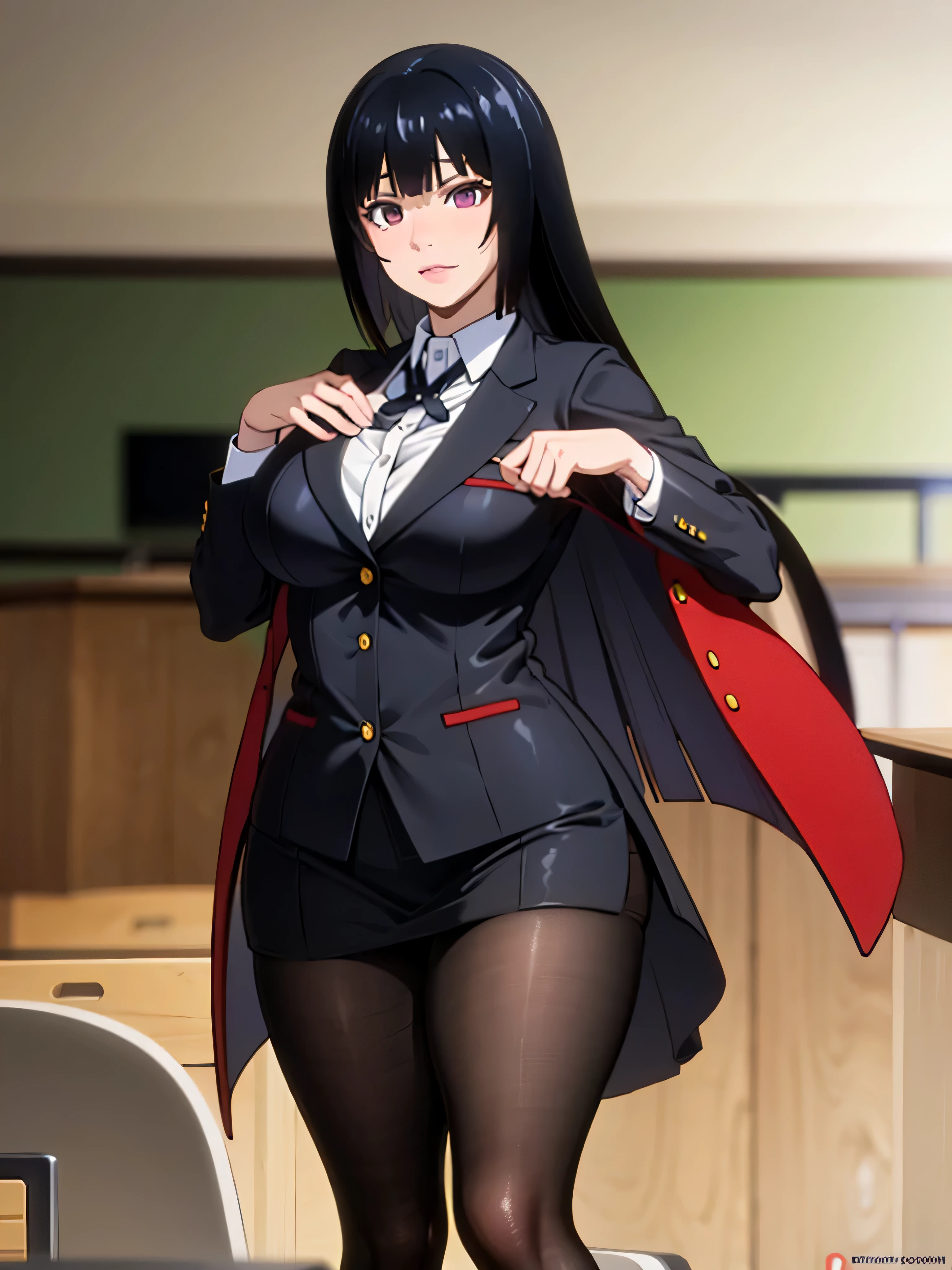 Yumeko Jabami , pretty face , classroom ,detailed face , black hair , burgundy eyes , (((beautiful girl with a curvy figure))) , pink glossed lips , red blazer with black trim lining the cuffs and collar, white button-up dress shirt and black tie, a black and grey checkered mini skirt, black tights, and brown loafers. silver ring on her left thumb, , naked pussy , touching her self , long hair , sexy , white skin , curvy , 18 years old girl , straight hair , sexy lips , touching her , high quality picture , hd , super detailed , hyper-realistic , insanely detailed and intricate , beautiful , detailed face , 4k, high resolution, 4k, 8k, hd, full colour, 4k, 8k, 4k, high definition 