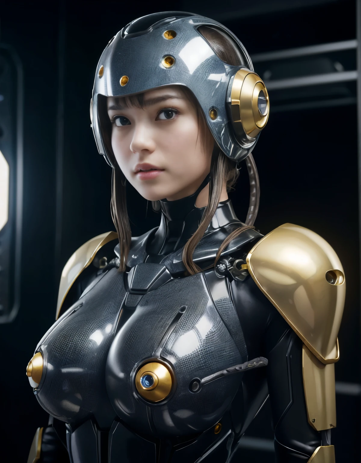 (Background of skimpy mechanical girl and octopus alien)、（Mystical expression）、highest quality、masterpiece、Super high resolution、(Photoreal:1.4)、RAW photo、1 girl、glowing skin、detailed face、(((1 Mechanical Girl)))、Heavy chest、（gold metal bodysuit）、(Natural alien background to fight aliens)、(Small LED)、((Super realistic details))、vertical giant monster background),global illumination、Shadow、octane rendering、24K、super sharp、robotの背景、big breasts、Raw skin exposed in the cleavage、intricate decorative details、Japan details、very intricate details、realistic light、(Mystical expression),CG Society Trenlow Eyes、Eyes shining towards the camera、Mechanical marginal blood vessels connected to neon detail tubes)、(Wires and cables connecting to the head)、Small LED、,mechanical thighs、two stock、（Hands are also made of machines）、robot、future alien、Please wear a mechanical helmet、transparent face guard on helmet,