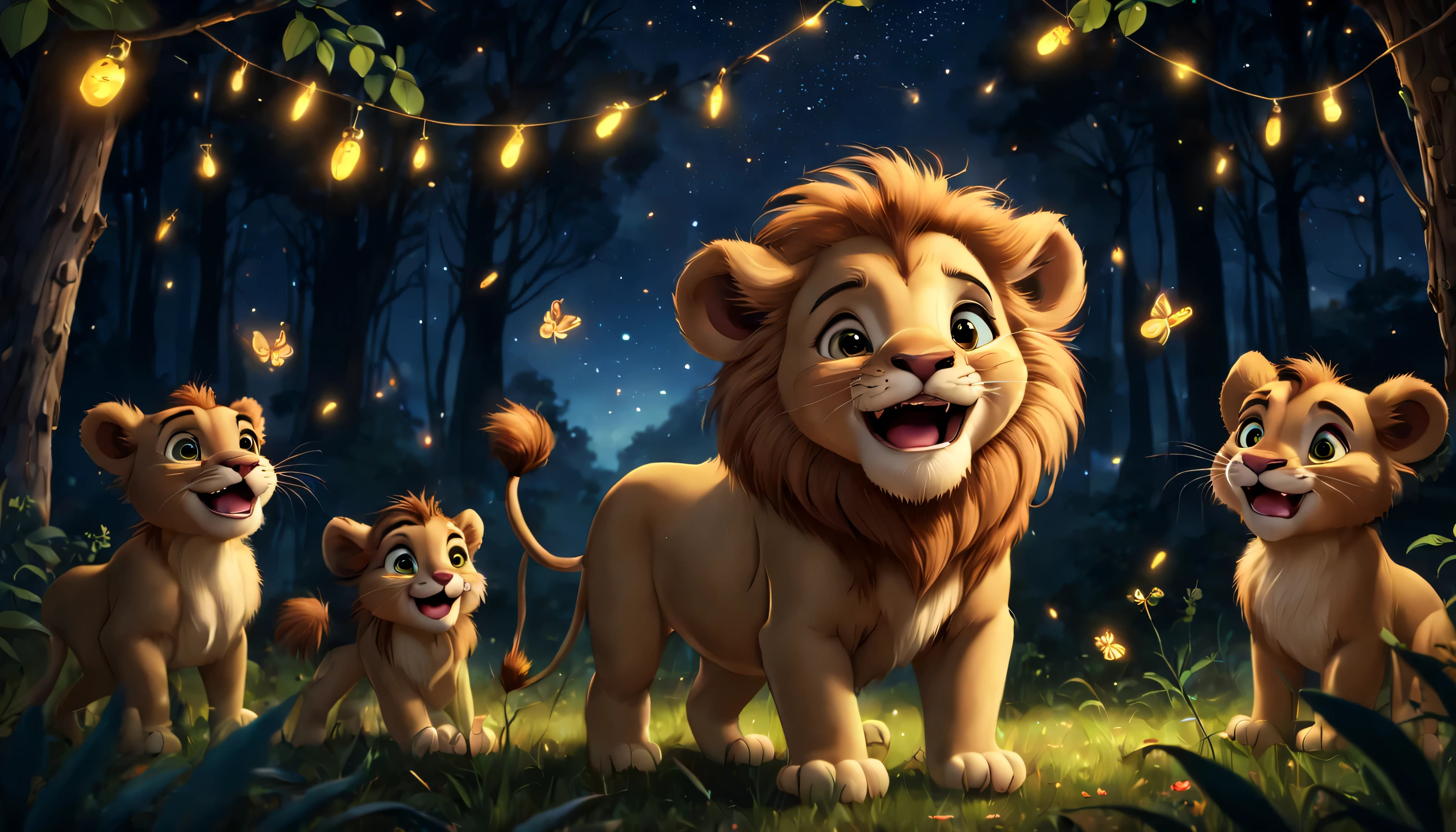 little smiling lion, em uma festa com animais chorando de alegria, Na floresta, Em uma noite estrelada, com vaga-lumes ao redor da floresta, disneypixar, muito realista, estilo de desenho animado, 4k
