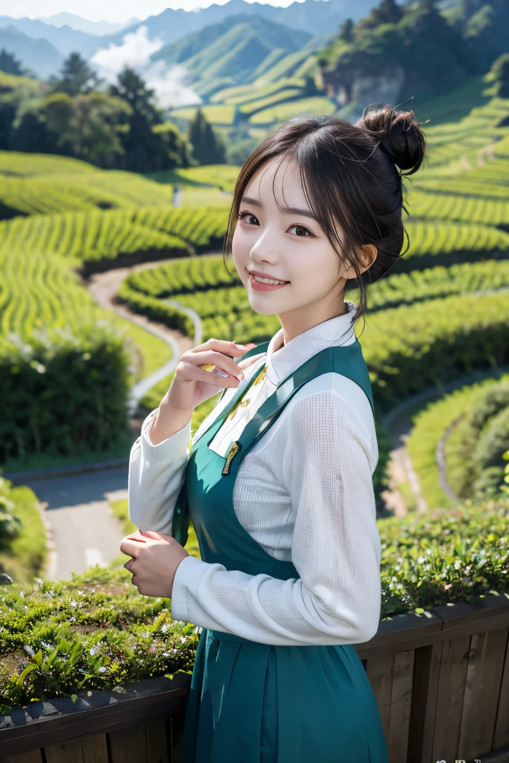 (8K, RAW photo, highest quality, masterpiece:1.3), (realistic, photo-realistic:1.4), (Highly detailed 8K wallpaper), sharp focus, Depth of written boundary, (double bun:1.2), japanese idol,very cute,() ,chinese clothes, Look at us and smile, Upper body, highly detailed face and eyes,((shiny skin:1.2)), cinematic lighting, soft light, blur background, Bokeh,( Chinese tea plantation enveloped in morning mist, with a tranquil landscape of lush tea fields.)