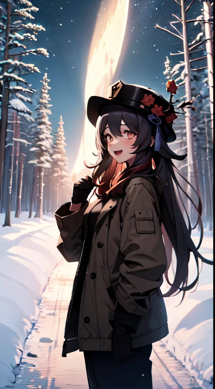 Masterpiece, ultra-detailed, best quality, best shadowing, 4k resolution, dynamic light, highres, nature focus, sky focus, girl focus, night theme, snow theme, snow biomes, anime style, winter, forest, spruce forest, spruce trees, trees, a lot trees, 1girl, solo, beautiful girl, Hu Tao chilling in middle forest, standing, hand holding a lantern, blush, smile, open mouth, frost breathing, butch snow on her body, brown leather jacket, red scraf, hat, gloves, black long pants, boots, beautiful sky, blue dark sky, moon, small moon, beautiful moon, blue moon, Aurora,beautiful Aurora, green and blue Aurora