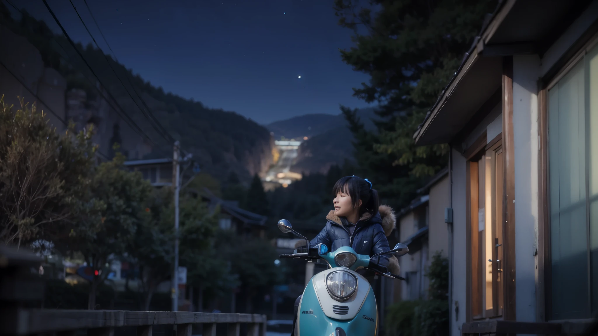 Rin shima, yuru camp, dark blue hair, cyan scooter