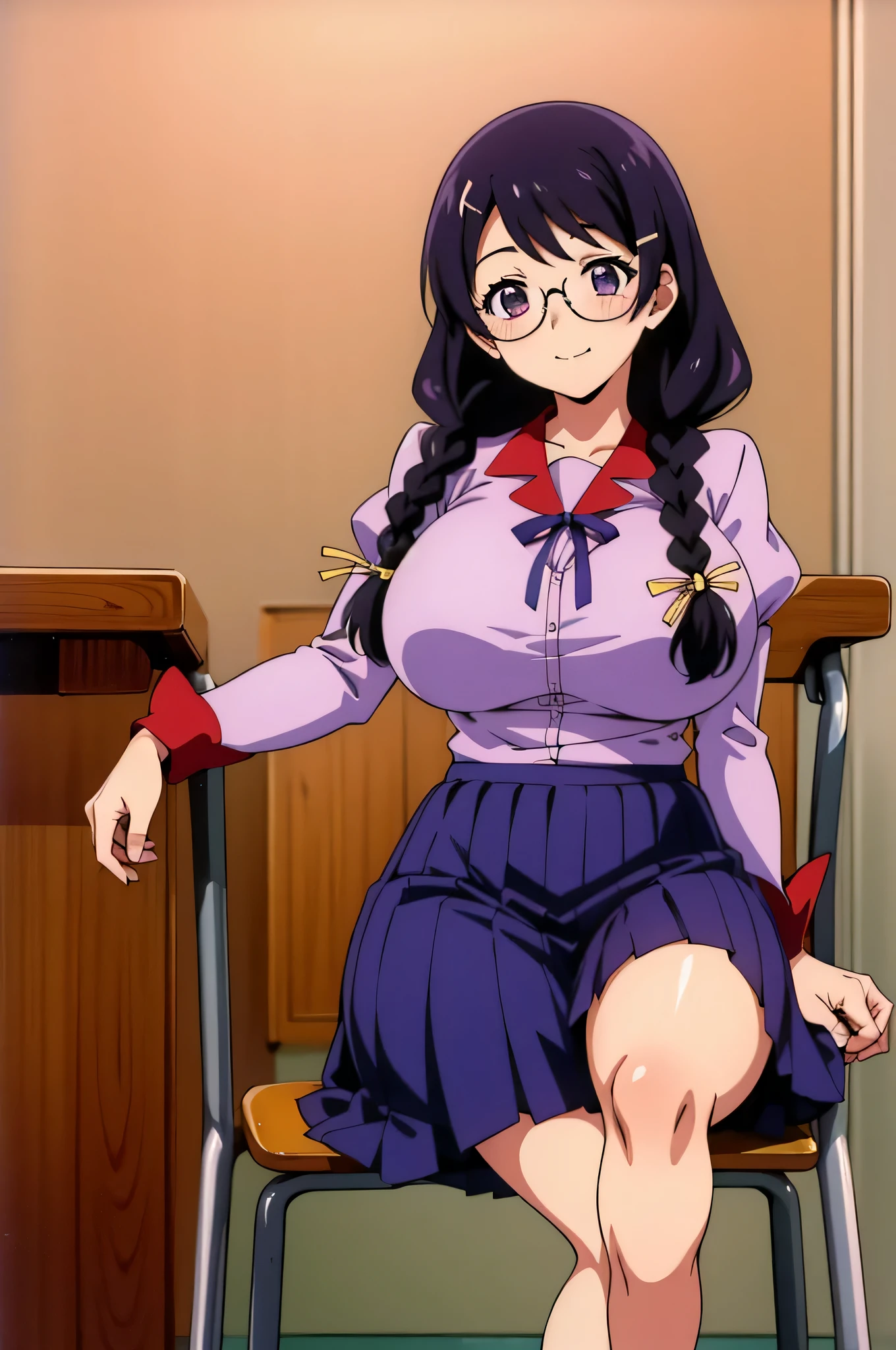 1990s anime cels style, 1990s manga style, best quality, high resolution, 1girl, (huge breasts:1.2), school uniform, skirt, school, blush, smile,  closed mouth, sitting, chair, hanekawa tsubasa, long hair, black hair, hair ornament, (purple eyes:1.1), braid, hairclip, twin braids, glasses,