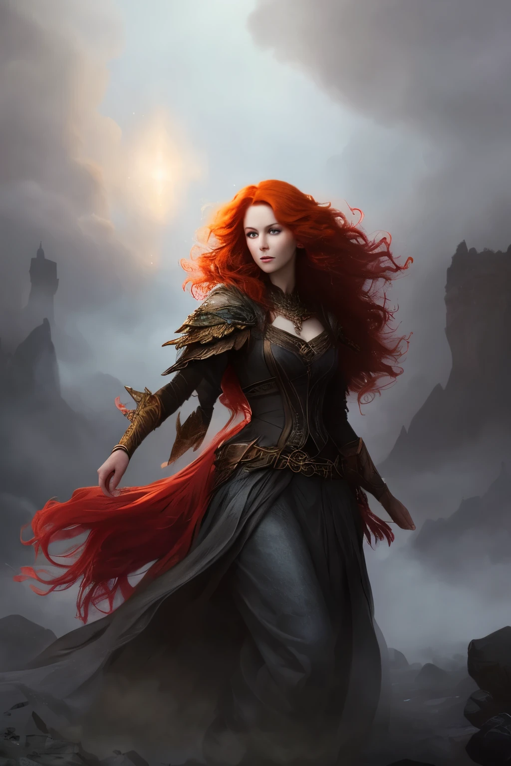 A captivating full body portrait of a redhead woman with messy curls, exuding an aura of elegance and mystery, is enshrouded in fog and smoke, creating a highfantasy, fantasycore, and womancore atmosphere. The scene is set against a backdrop of mist, adding to the visually appealing composition and perfect composition of this unique and trending artwork.
The woman's red hair shines brightly, contrasting against the dark, starry night background, with magical bioluminescent glowing, shimmering, and sparkling elements, adding an extreme contrast and saturation to the piece. The high fantasy artwork showcases a dynamic pose, further enhanced