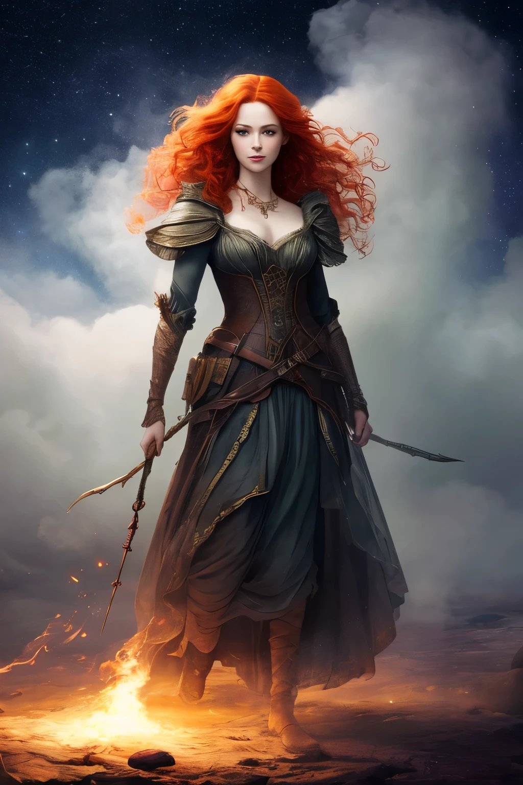 A captivating full body portrait of a redhead woman with messy curls, exuding an aura of elegance and mystery, is enshrouded in fog and smoke, creating a highfantasy, fantasycore, and womancore atmosphere. The scene is set against a backdrop of mist, adding to the visually appealing composition and perfect composition of this unique and trending artwork.
The woman's red hair shines brightly, contrasting against the dark, starry night background, with magical bioluminescent glowing, shimmering, and sparkling elements, adding an extreme contrast and saturation to the piece. The high fantasy artwork showcases a dynamic pose, further enhanced