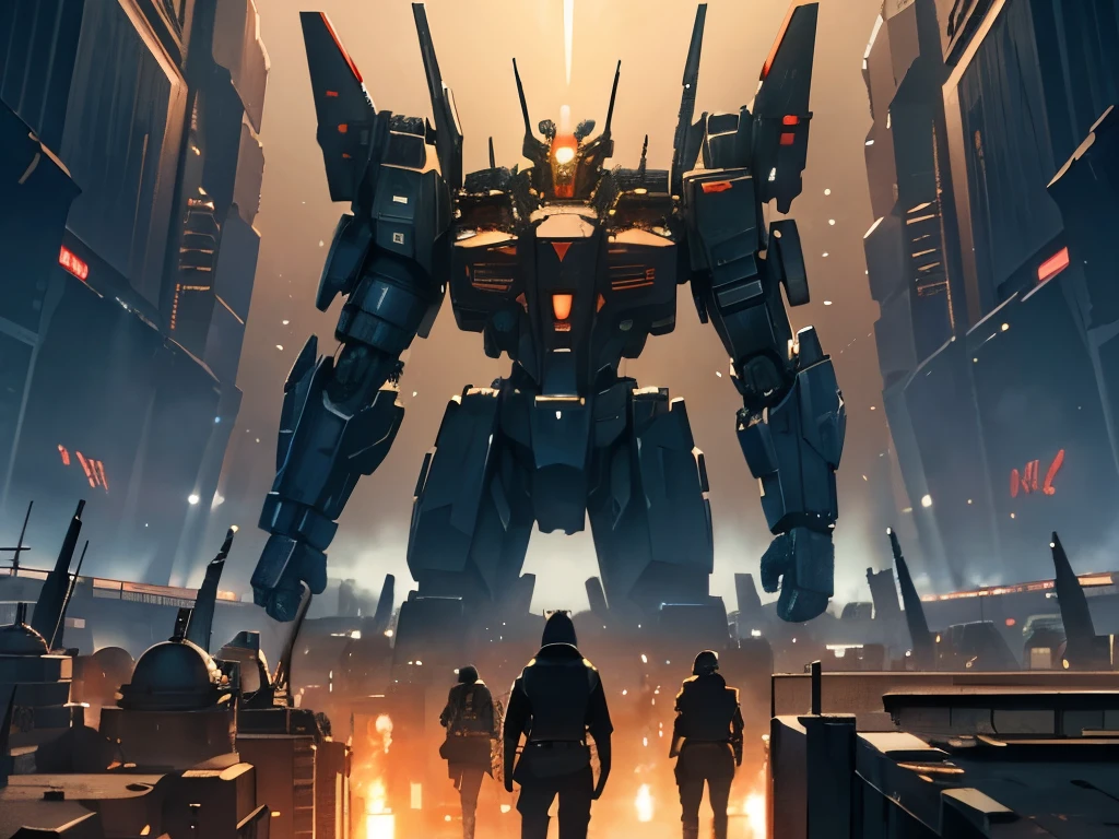 (masterpiece, highest quality, cinematic, intricate details) Huge battle mech, fighting, crowds of people, dense futuristic city, night, cyberpunk metropolis in background, planets in sky