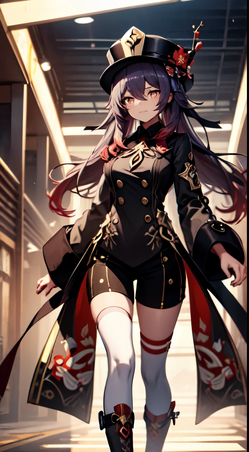 This is an illustration of a character from the video game "Genshin Impact," which is developed by miHoYo. The character is depicted in an anime style, with large expressive eyes and a playful pose. She has long, flowing purple hair with red accents and wears a black hat adorned with a gold emblem and red flowers. Her outfit consists of a black, short-sleeved jacket with gold and white trim, and matching black shorts. She has a red tie, white thigh-high stockings, and brown boots. The character is holding her hat with one hand and extending her other hand outward, as if gesturing or casting a spell. The background features the game's logo and decorative elements that complement the character's color scheme.