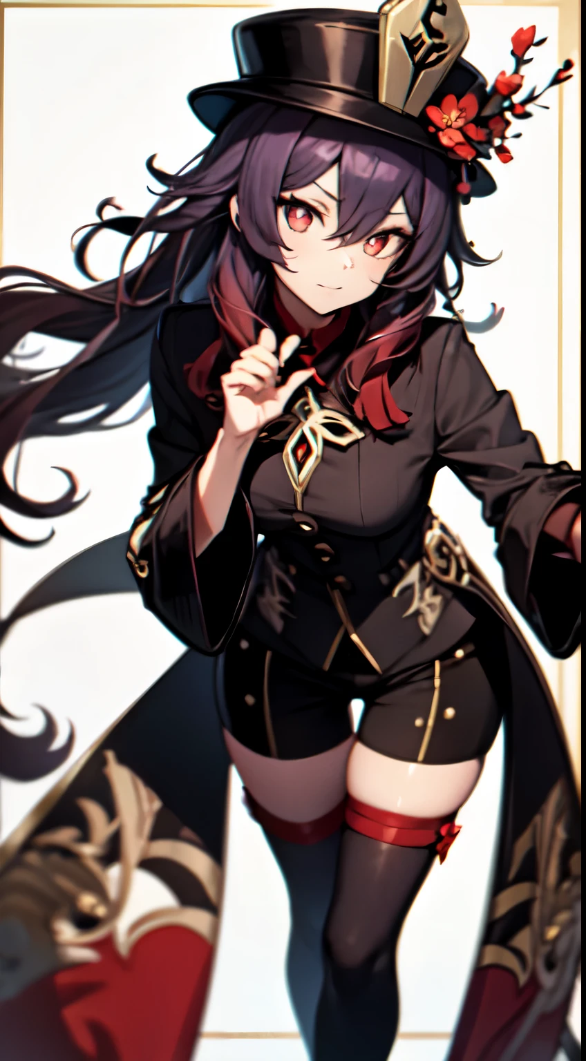 This is an illustration of a character from the video game "Genshin Impact," which is developed by miHoYo. The character is depicted in an anime style, with large expressive eyes and a playful pose. She has long, flowing purple hair with red accents and wears a black hat adorned with a gold emblem and red flowers. Her outfit consists of a black, short-sleeved jacket with gold and white trim, and matching black shorts. She has a red tie, white thigh-high stockings, and brown boots. The character is holding her hat with one hand and extending her other hand outward, as if gesturing or casting a spell. The background features the game's logo and decorative elements that complement the character's color scheme.