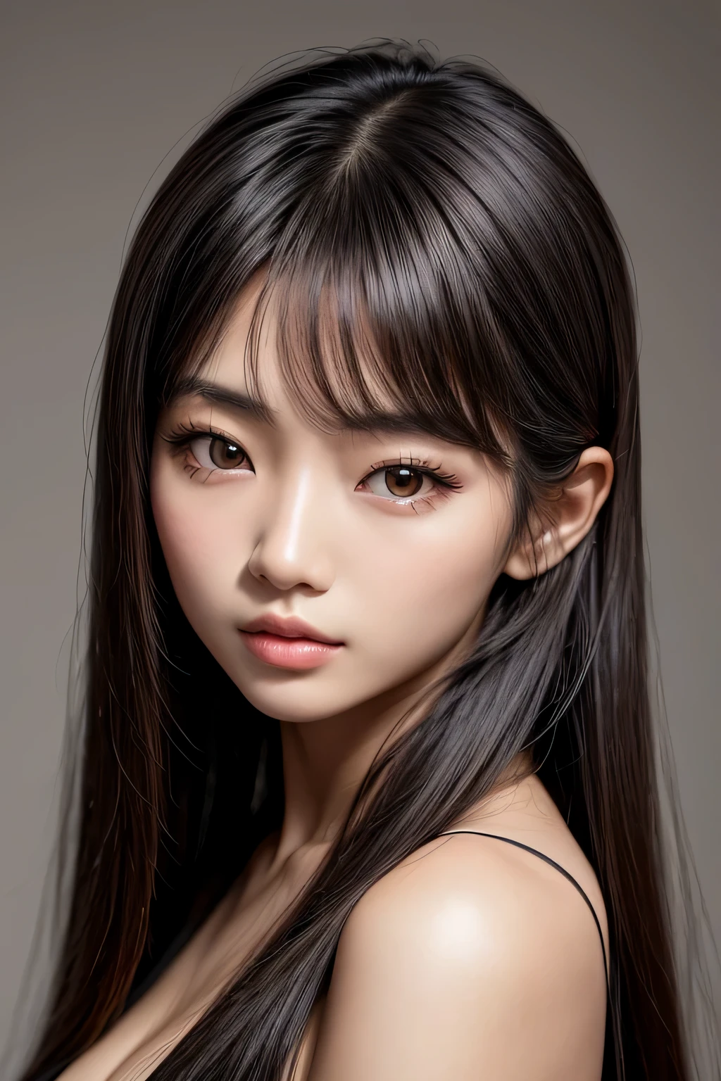 mulher Asian with long hair e top preto posando para uma foto, Asian with long hair, young asian, foto de modelo de garota magra, linda jovem coreana, beautiful asian girl, a young asian woman, linda jovem coreana, Japanese model, linda mulher sul-coreana, 2 modelo feminino de 4 anos, coreana, young asian woman