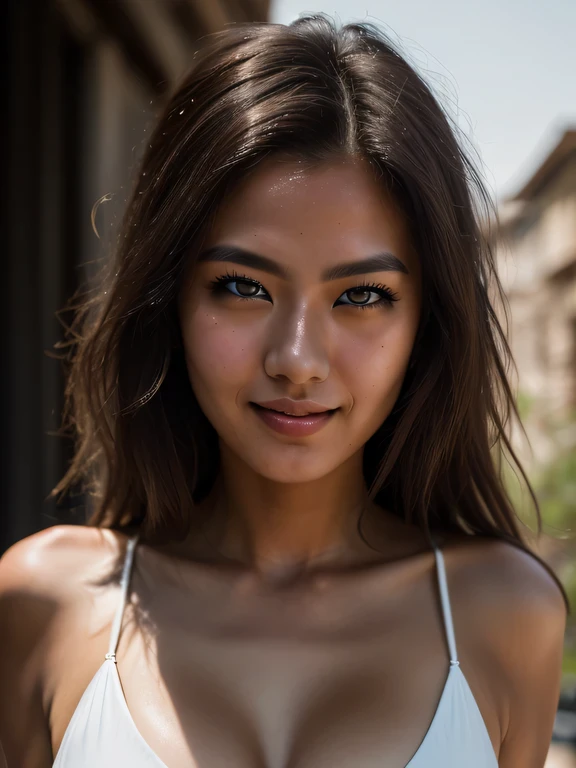 highest quality, epic realistic, ((portrait:1.5)), high contrast ,glorious picture, lowest lux, lighting face, looks incredible, (8k, Raw photo, Highest quality),(epic realistic:1.5), a woman, face,(detailed eyes:0.8),(looking at the camera:1.4), (Highest quality), ( high contrast, deep shadows), Intricate details, cinematic,((skin:1.4)), (long dark hair:1.3), long hair, messy ,(Hdr:1.5), Detailed, colors, Superior quality, Masterpiece, Raw Photo (24-year-old named Kimmie Miso, looking at viewer), beautiful, (wearing white bikini,), perfect, natural, perfect composition, portrait, perfect face, smiling expression, Captivating eyes, Bright details, Tight lips, (High Skin Detail),, (blue tint: 0.6), Medium depth of field,