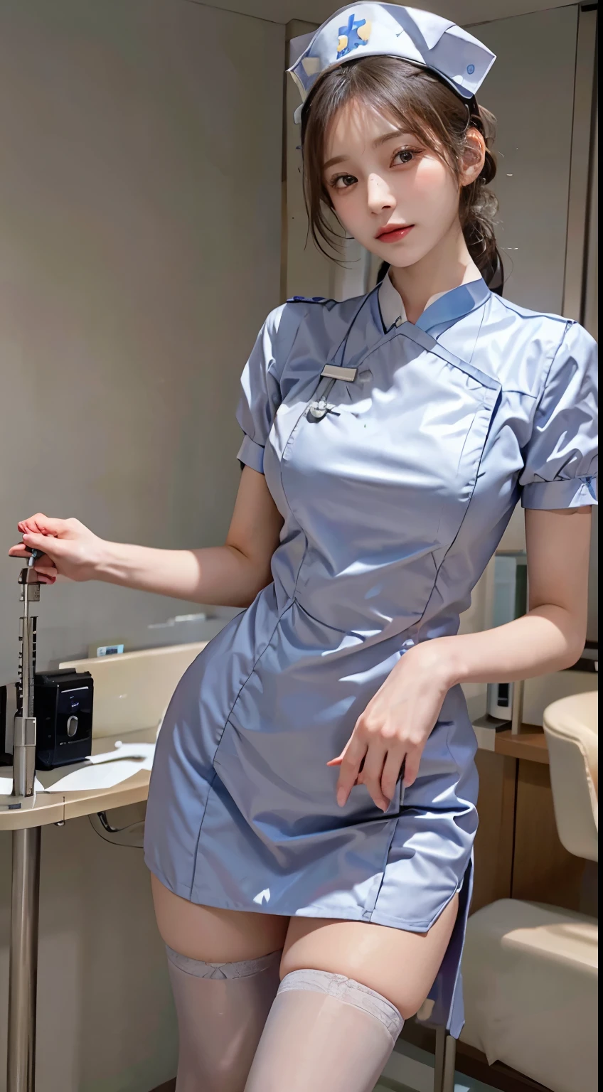 In a healthcare setting, a woman radiates professionalism in a nurse's uniform with modest coverage, ensuring a respectful presentation. The nurse attire, adorned with essential medical emblems, gracefully envelops her figure with a sense of care and responsibility. The uniform, tailored for competence, and her demeanor reflect a compassionate dedication to healthcare. With a focus on modesty and professionalism, she captures the enduring grace of a woman in a tasteful nurse's uniform within the healthcare environment.