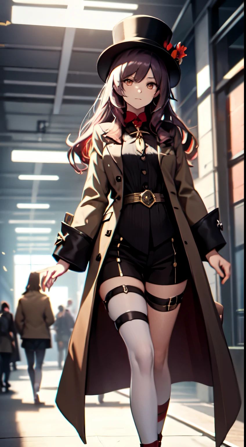 This is an image of an anime-style character, likely from a video game or a similar media. The character is a young female with long, dark purple hair that reaches just past her shoulders. She wears a black top hat with a gold emblem on the front and red flowers on the side. Her eyes are large and expressive, with a reddish hue.
She is dressed in a black, long-sleeved coat with gold buttons and white trim at the cuffs. The coat has intricate silver and white patterns along the bottom hem and opens at the waist to reveal a beige inner layer. Underneath the coat, she wears a black shirt with a red tie and a gold circular clasp at the collar. Her shorts are black and very short, exposing most of her legs.
She has white thigh-high stockings with a red band at the top, and on her left leg, there is a red ribbon tied just below the knee. Her shoes are black Mary Janes with a white trim and a single strap over the foot. She stands with her arms slightly outstretched and her hands open, giving a neutral but friendly demeanor. The character's overall appearance suggests a magical or fantasy theme, possibly with an association to witchcraft or sorcery based on her attire.