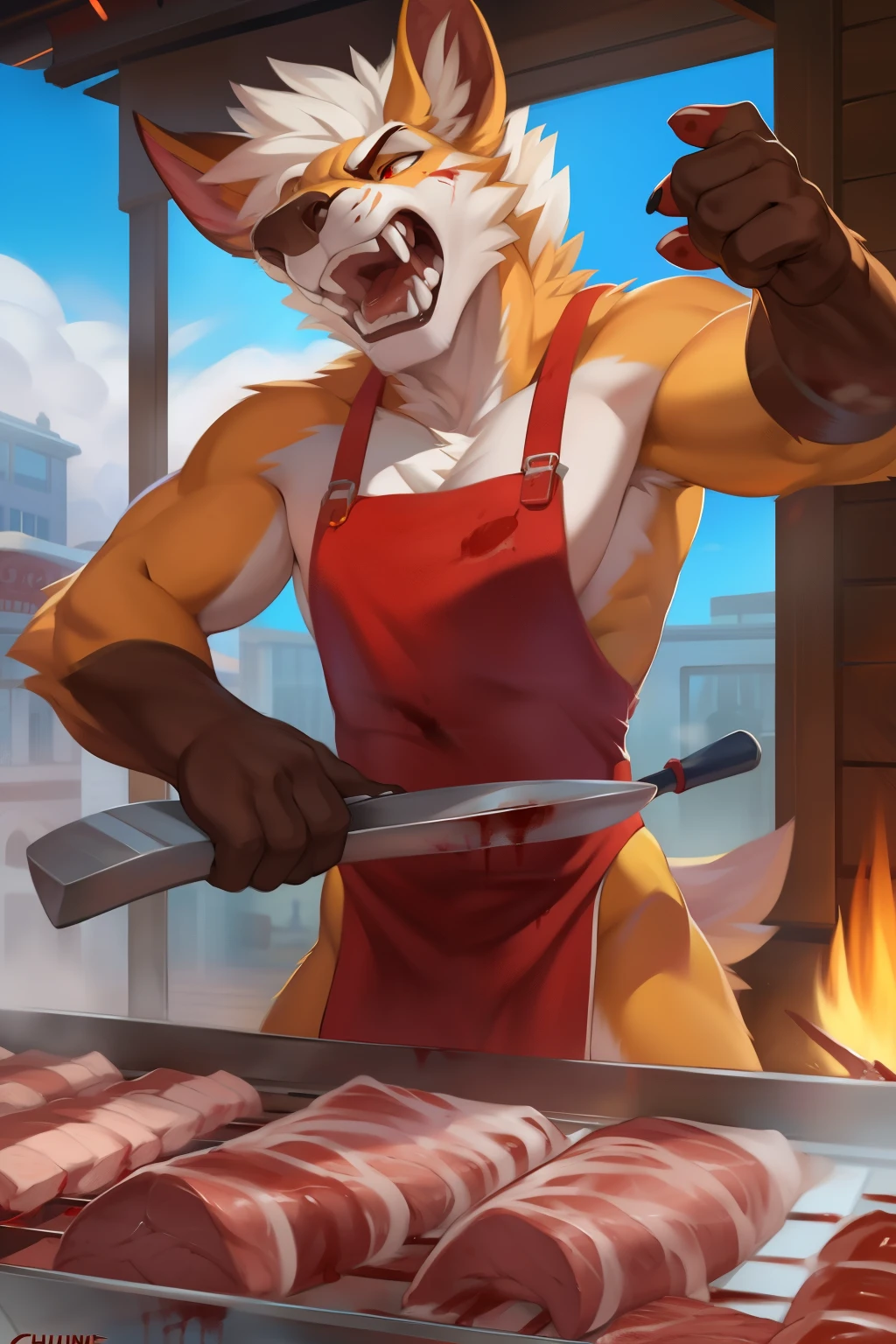 Solo, female, angrier-than-hell, meat vendor, red apron, butcher's cleaver, bloodied hands, blood splatter, screaming, obscene gestures, by chunie, by morethreedee, by danza, by patto, by hinar miler, by tojo the thief, by negger, by sonsasu
A solo female, dressed in a red apron and wielding a butcher's cleaver with bloodied hands, stands screaming and making obscene gestures at an unseen assailant. The scene is filled with the splatter of blood and the pungent smell of raw meat. Her eyes are filled with