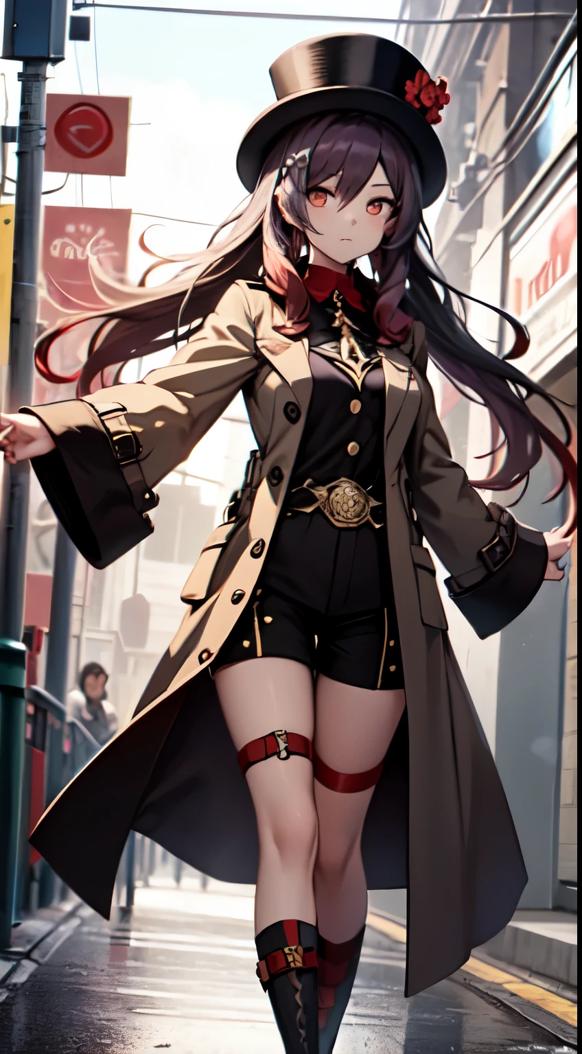 This is an image of an anime-style character, likely from a video game or a similar media. The character is a young female with long, dark purple hair that reaches just past her shoulders. She wears a black top hat with a gold emblem on the front and red flowers on the side. Her eyes are large and expressive, with a reddish hue.
She is dressed in a black, long-sleeved coat with gold buttons and white trim at the cuffs. The coat has intricate silver and white patterns along the bottom hem and opens at the waist to reveal a beige inner layer. Underneath the coat, she wears a black shirt with a red tie and a gold circular clasp at the collar. Her shorts are black and very short, exposing most of her legs.
She has white thigh-high stockings with a red band at the top, and on her left leg, there is a red ribbon tied just below the knee. Her shoes are black Mary Janes with a white trim and a single strap over the foot. She stands with her arms slightly outstretched and her hands open, giving a neutral but friendly demeanor. The character's overall appearance suggests a magical or fantasy theme, possibly with an association to witchcraft or sorcery based on her attire.