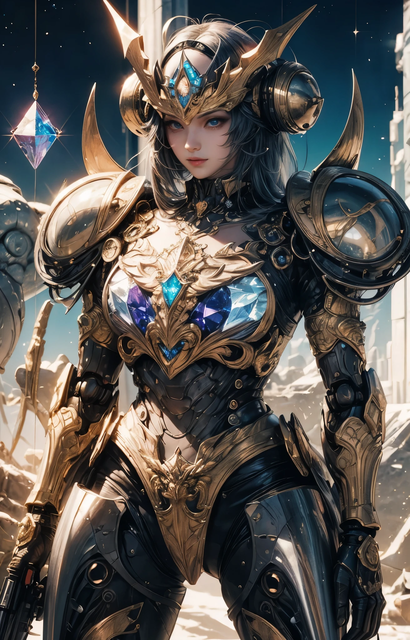((Highly accurate drawing in every detail)Extremely precise depiction)[High resolution],(detailed illustrations,とてもfineで緻密な描画,Delicate drawn lines with tempo,Realistic texture expression),[color traced main line],Vast Outer Space[Big Milky Way],[Robot anime from the mid-1970s(full body portrait)],Meteor God Daiginger,((rounded form))((Delicate metal face))(A giant robot with a simple design)((Core crystal with star-shaped decoration in the center of the chest))[splendid horn decoration][(cylindrical arms and legs)Powerful superalloy body][Super energy flowing inside],[A robot of justice that fights to protect the earth from space monsters.](intricate and beautiful decoration [Dense detail]),[transparency],(Precisely drawn face)[完璧な目のdetailed(Beautifully detailed iris)(Eyes like deep jewels)],(eyes light[Pinpoint lighting for the eyes]),[long and beautiful eyelashes],[precisely drawn hair [美しく艷やかな髪のdetailed]],(完璧な手のdetailed [Beautiful fingers with no damage [beautiful nails]]),(perfect anatomy(perfectly balanced proportions))[[full body portrait]],[ideal color coordination(Accurate simulation of light and material interactions)],([Precision Detail](detailed,高fine)),[Visual art that tells a story],((highest quality)fine[[High density drawing]])(4K Quality).