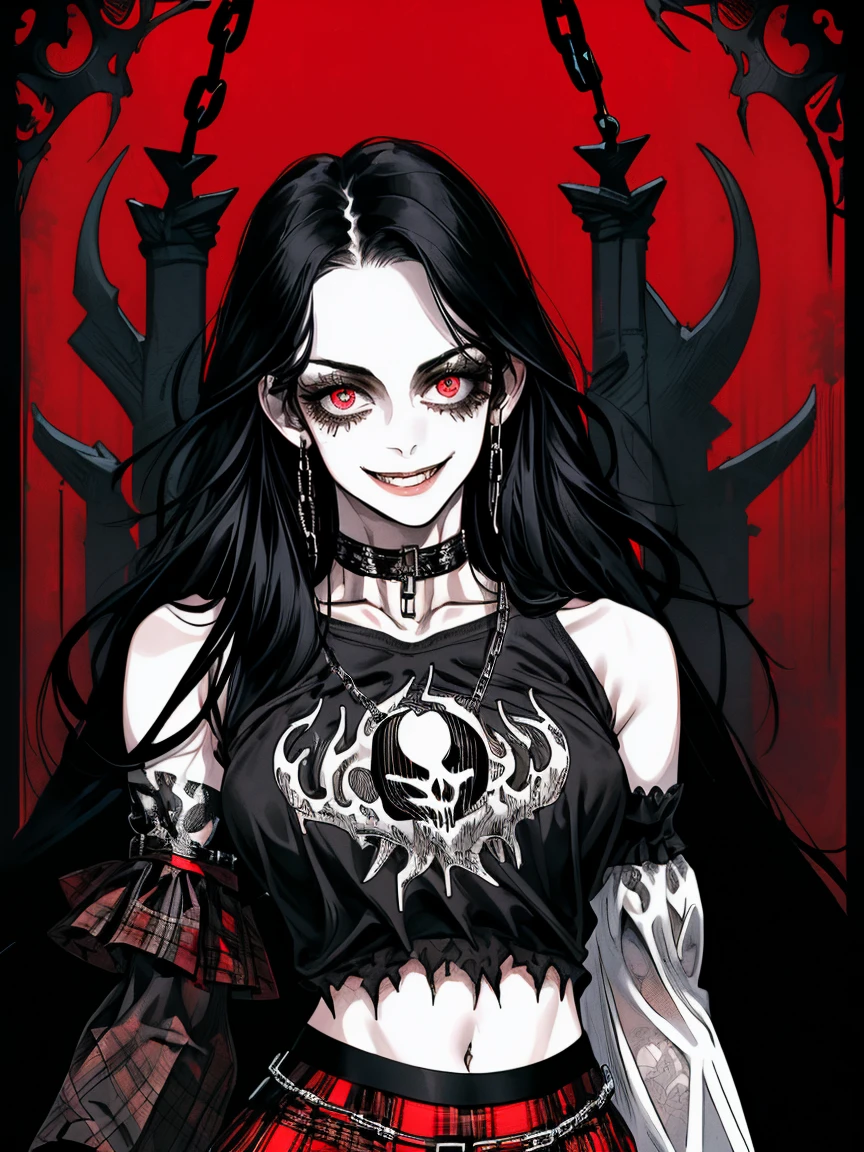 masterpiece, best quality, close up, focus on breasts, upper body, 1girl, smug, smile, long black hair, navel, bare shoulders, detached sleeves, choker, black shirt, (print on shirt:1.3), (black metal print:1.3), red plaid skirt, rings, chains, thigh strap, black thigh highs