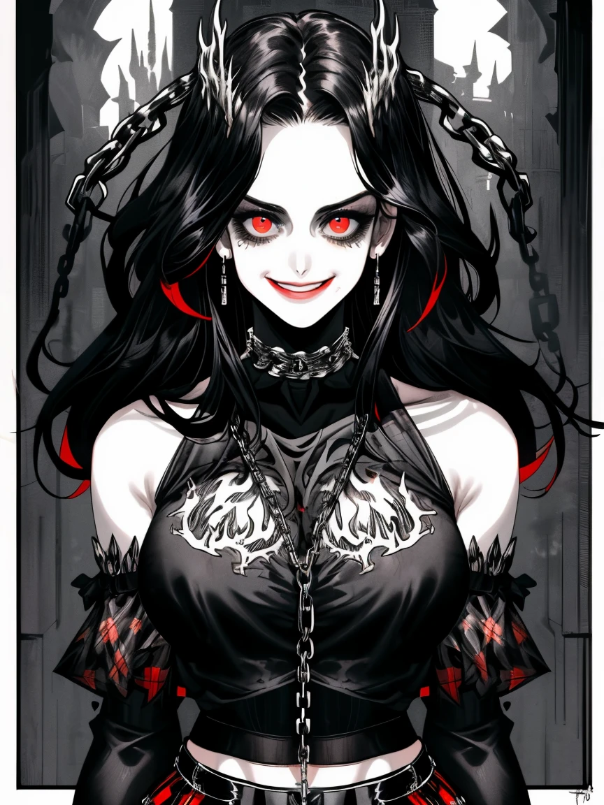 masterpiece, best quality, close up, focus on breasts, upper body, 1girl, smug, smile, long black hair, navel, bare shoulders, detached sleeves, choker, black shirt, (print on shirt:1.3), (black metal print:1.3), red plaid skirt, rings, chains, thigh strap, black thigh highs