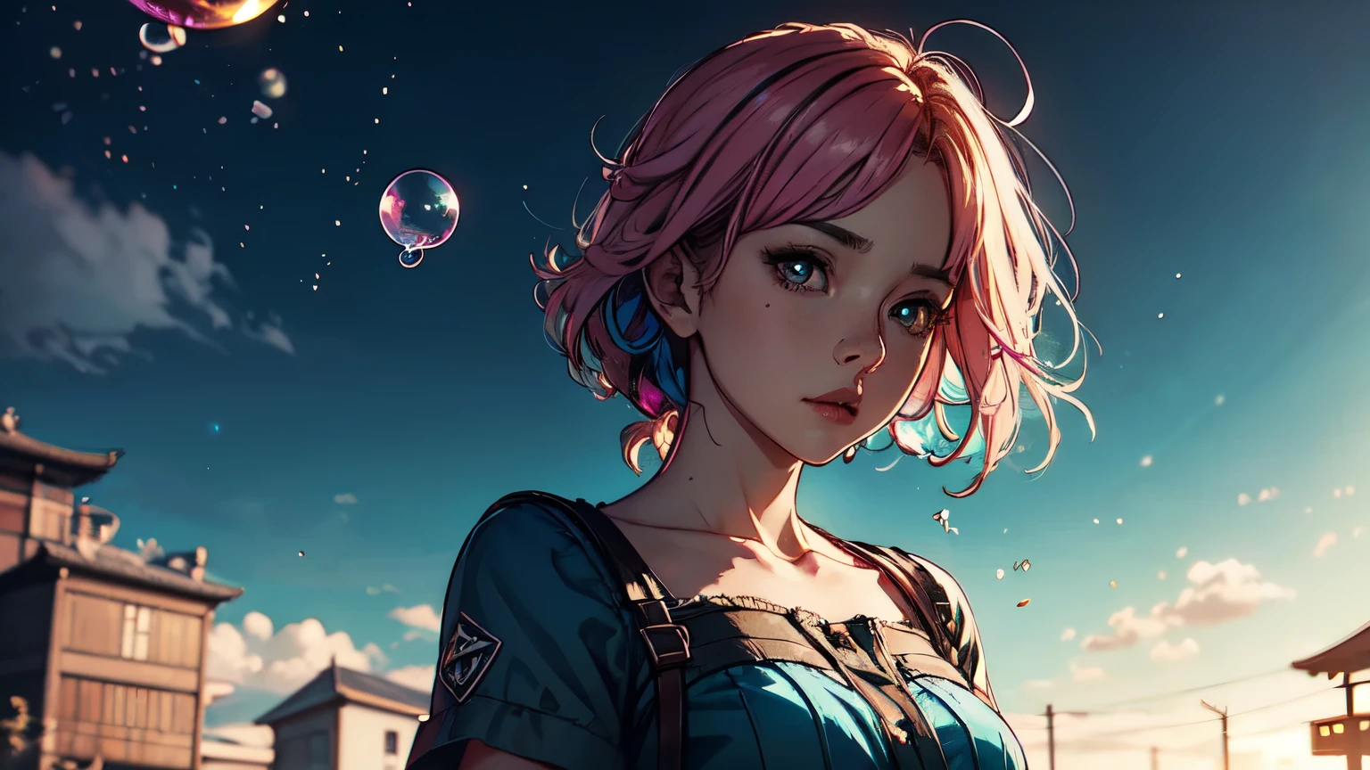 high quality, 8K Ultra HD, high detailed, masterpiece, A digital illustration of anime style, soft anime tones, Detailed illustration of many colorful soap bubbles falling from the sky on a beautiful woman, pale blue dress, colorful colors, colorful woman, pink hair, blue eye, luminism, three dimensional effect, enhanced beauty, Albert Anker, Kyoto Animation, Greg Rutkowski, Artgerm, WLOP, Alphonse Beeple, luminism, 3d render, octane render, Isometric, by yukisakura, awesome full color,
