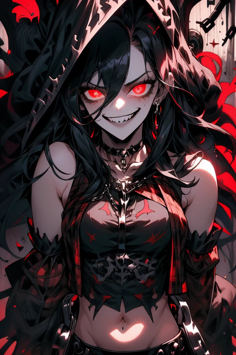 masterpiece, best quality, close up, focus on breasts, upper body, 1girl, smug, smile, long black hair, navel, bare shoulders, detached sleeves, choker, black shirt, (print on shirt:1.3), (black metal print:1.3), red plaid skirt, rings, chains, thigh strap, black thigh highs, PSYCHOPHONKY
