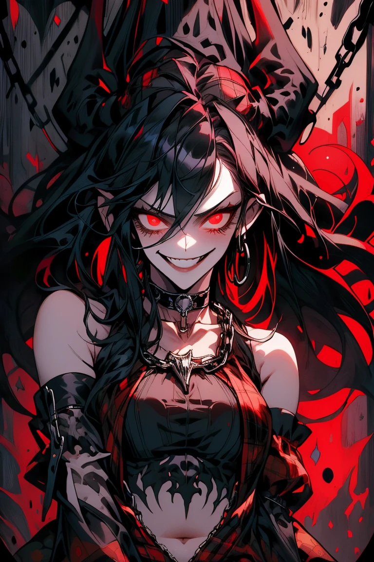 masterpiece, best quality, close up, focus on breasts, upper body, 1girl, smug, smile, long black hair, navel, bare shoulders, detached sleeves, choker, black shirt, (print on shirt:1.3), (black metal print:1.3), red plaid skirt, rings, chains, thigh strap, black thigh highs, PSYCHOPHONKY
