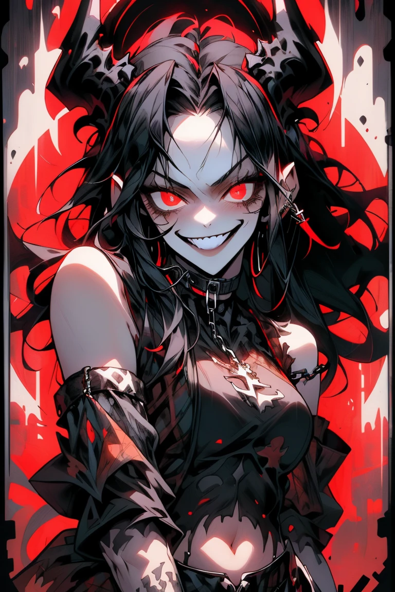 masterpiece, best quality, close up, focus on breasts, upper body, 1girl, smug, smile, long black hair, navel, bare shoulders, detached sleeves, choker, black shirt, (print on shirt:1.3), (black metal print:1.3), red plaid skirt, rings, chains, thigh strap, black thigh highs, PSYCHOPHONKY
