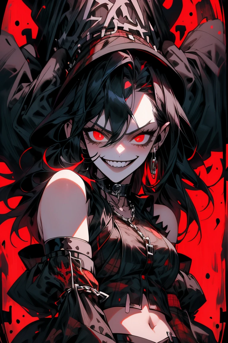 masterpiece, best quality, close up, focus on breasts, upper body, 1girl, smug, smile, long black hair, navel, bare shoulders, detached sleeves, choker, black shirt, (print on shirt:1.3), (black metal print:1.3), red plaid skirt, rings, chains, thigh strap, black thigh highs, PSYCHOPHONKY
