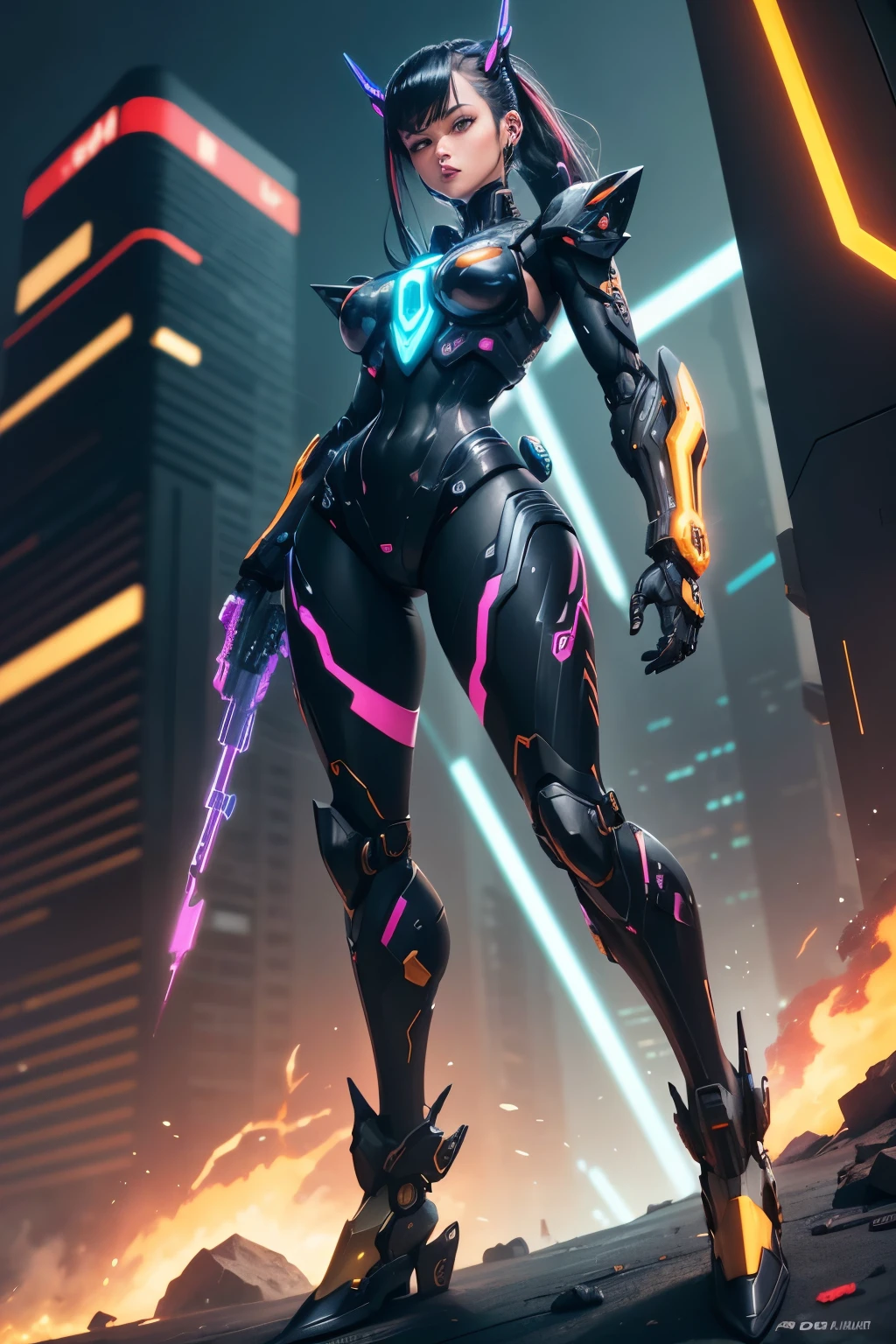 (highres:1.2),(realistic:1.37),mecha girl,cyberpunk style,futuristic,gleaming metal,neon lights,exoskeleton,mechanical parts,advanced technology,sharp edges,glowing eyes,mechanical arm,anime hair,combat suit,urban environment,city skyline,post-apocalyptic,hovering,high-tech weaponry,hidden face,reflections on metal surface,strong and confident stance,mysterious aura,nighttime setting,blue and purple color palette,dynamic pose,electric sparks flying,background smoke,artificial intelligence integration,military grade armor,sci-fi helmet