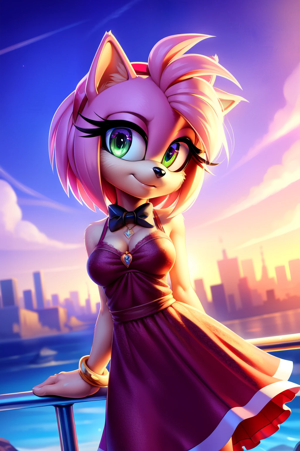 (masterpiece), beautiful, highly detailed, 8k uhd, intricate details, best quality, correct anatomy, vibrant lighting, HD, trending on artstation, by f-r95, illustration, Amy Rose, dress, sky, standing, pose, bow tie, cute