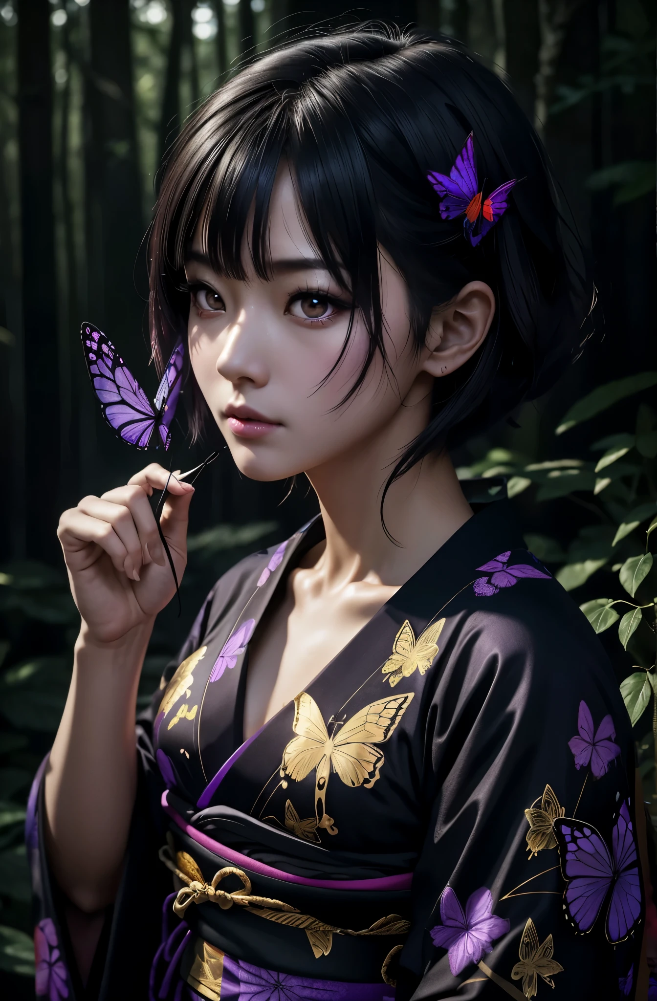 8K,Japanese traditional black kimono,ultra high resolution,Super realistic,gold and purple butterfly pattern(most),