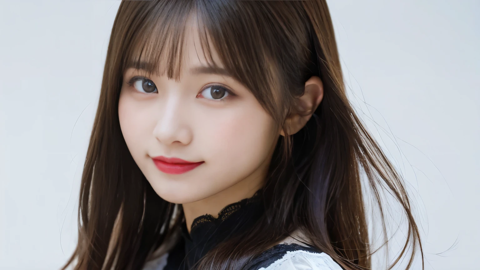 muste piece, best quality, illustration, Super detailed, fine details, High resolution, 8K Dende Wallpaper, perfect dynamic composition, beautiful detailed eyes, she is wearing a black dress,medium hair,natural color lip, shy smile,Harajuku style、20 year old girl、There is only one person, bust up photo、Correct posture、stretch your back、Never show your hands、Hands are not reflected、Stand up straight、cute type、looking at camera、C Cup、golden hair、Don't touch it、white background、background is white、pure white background