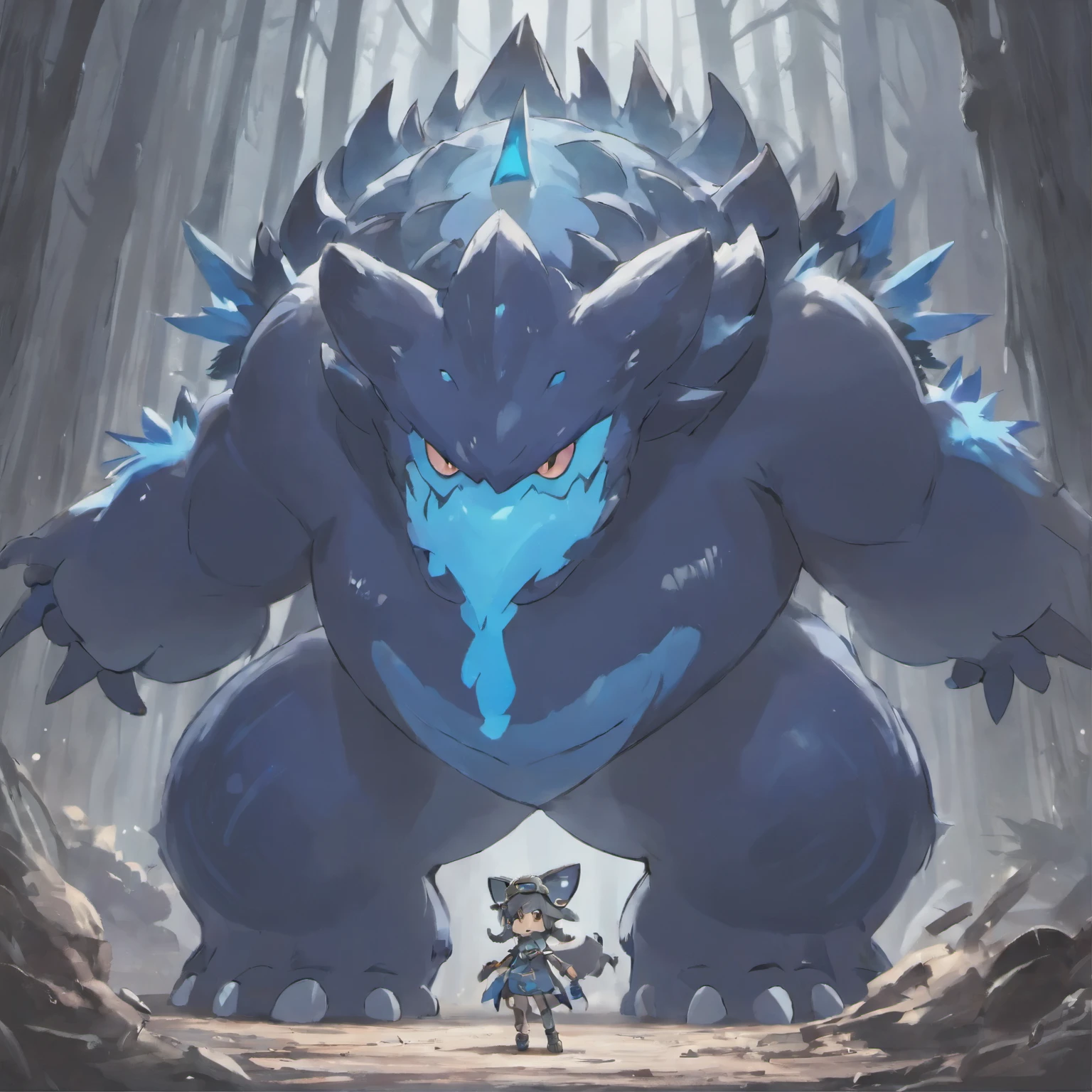 Monstro maia,monstro asteca,coruja gigante,corvo gigante,digimon,anime,cartoon,escuro e sombrio,anjo da morte,ruas vazias,grafite desbotado,luar brilhante, post apocalyptic(melhor qualidade,4k,Altos:1.2),ultra-detalhado,post apocalyptic,Monochromatic blue color palette=tons suaves, harsh lighting