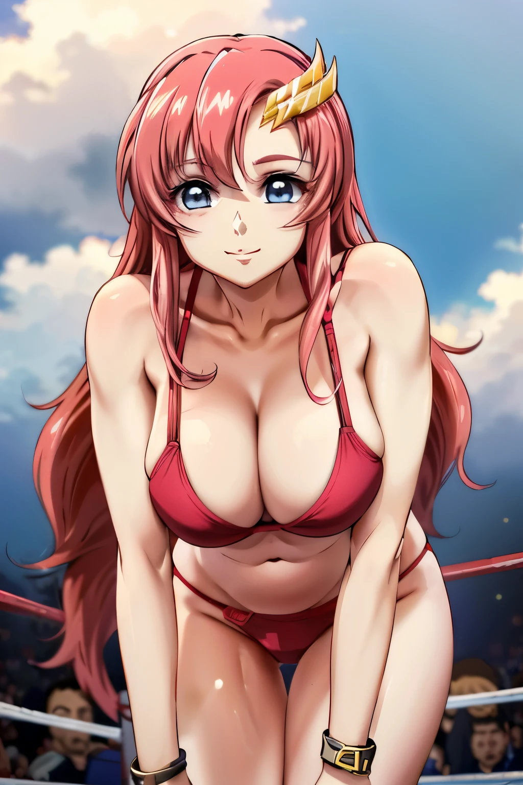 lacus4, (red bikini), (masterpiece, from below, low shot camera, leaning forward, very slim shoulders, 4K, Best Quality, Anime style: 1.9, happy, Adult Woman, (ultra detailed head), (wrestling ring with crowd, cloud background), Drawing lines, high resolution, lacus4), 1girl, Solo, curvy figure, Long hair, 鎖骨, scapular, (Detailed wide hair bangs, Hair Ornament, Detailed reddish-pink hair, shiny streaks, slim arms, detailed golden crest), cleavage, large hands, (hair cover shoulders). (Big blue eyes, shiny eyes), ((female wrestler, (slim body), little biceps, slim arms, closed fists, thighs)), ((perfect proportions, medium breasts, long belly)), ((totally red bra, neck band, bracelets))), smile, (standing, hot colors), detailed fingers, (bare shoulders)
