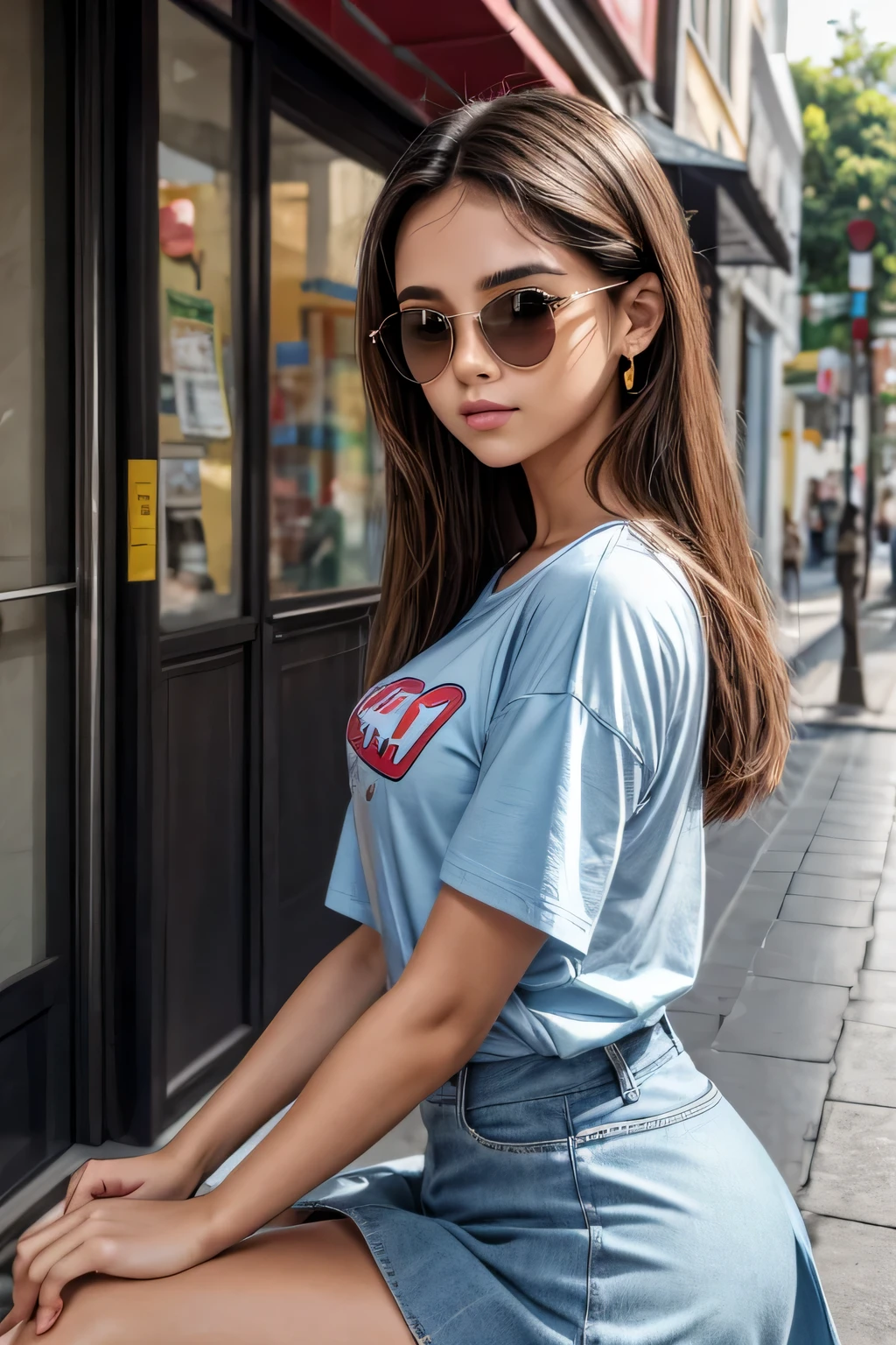 Uma adolescente, usando fones de ouvido, no one else in the background, delicate features, olhos grandes, wearing sunglasses, ponte nasal alta, sensual lips, Brincos fofos, corpo sexy, 9 heads, golden ratio, franja, cabelos levemente ondulados cacheados, cabelo rosa claro, peito alto, camiseta estampada rosa, Denim Hot Pants, sapatos de lona, estilo vintage, estilo dos anos 90, estilo nostalgia, estilo de quadrinhos, capas de revistas Pikachu Camiseta pikachu camisa amarela seios grandes barriga, uma muito bonita,cabelo azul claro,The background is a busy street,Du Qiong,Anime 5 dormir,Computer Graphics,sob arte,peito grande e bonito,peito super grande,Peito apertado,roupas apertadas,Vestindo uma camiseta justa azul clara,Various light blue skirts,Caminhada Quadrada,rastreamento de raio,Brilhante,it's drizzling,close da parte superior do corpo,