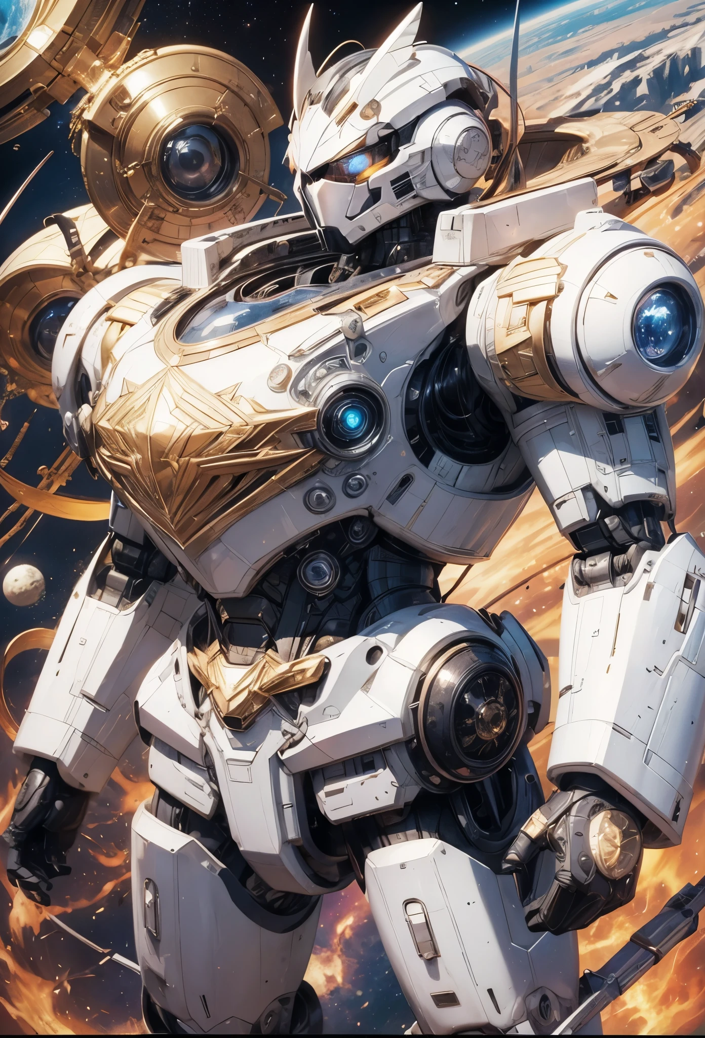 ((Highly accurate drawing in every detail)Extremely precise depiction)[High resolution],(detailed illustrations,とてもfineで緻密な描画,Delicate drawn lines with tempo,Realistic texture expression),[color traced main line],Vast Outer Space[Big Milky Way],[Robot anime from the mid-1970s(full body portrait)],Meteor God Daiginger,((rounded form))((neat metal face))(A giant robot with a simple design)((Core crystal with star-shaped decoration in the center of the chest))[splendid horn decoration][(cylindrical arms and legs)Powerful superalloy body][Super energy flowing inside],[A robot of justice that fights to protect the earth from space monsters.](intricate and beautiful decoration [Dense detail]),[transparency],(Precisely drawn face)[完璧な目のdetailed(Beautifully detailed iris)(Eyes like deep jewels)],(eyes light[Pinpoint lighting for the eyes]),[long and beautiful eyelashes],[precisely drawn hair [美しく艷やかな髪のdetailed]],(完璧な手のdetailed [Beautiful fingers with no damage [beautiful nails]]),(perfect anatomy(perfectly balanced proportions))[[full body portrait]],[ideal color coordination(Accurate simulation of light and material interactions)],([Precision Detail](detailed,高fine)),[Visual art that tells a story],((highest quality)fine[[High density drawing]])(4K Quality).