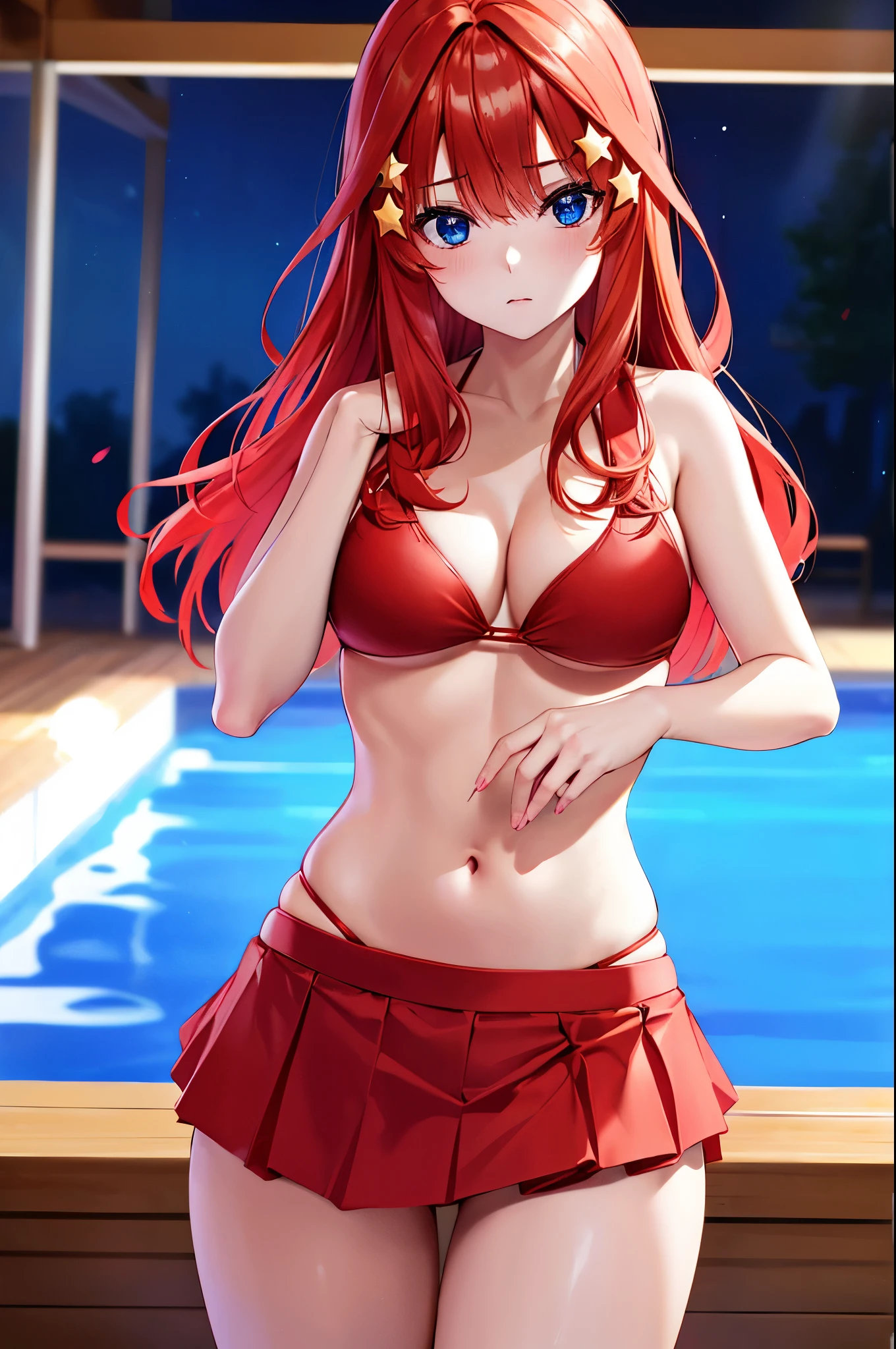 Satsuki Nakano, Itsuki Nakano, long hair, bangs, blue eyes, hair between eyes, Ahoge, redhead, star \(symbol\), hair ornaments, star hair ornaments, (red bikini skirt:1.5), heated pool background, break looking at viewer, (cowboy shot:1.5), break (masterpiece:1.2), highest quality, High resolution, unity 8k wallpaper, (figure:0.8), (beautiful and fine eyes:1.6), highly detailed face, perfect lighting, Very detailed CG, (perfect hands, perfect anatomy),