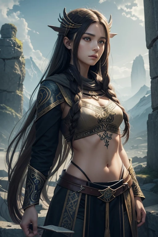 High quality, realistic style, Beautiful female with long hair on the, concept art with runes, perfect anatomy, with ancient runes lore and magical tales, hand-drawn sketches, by yukisakura, high details,