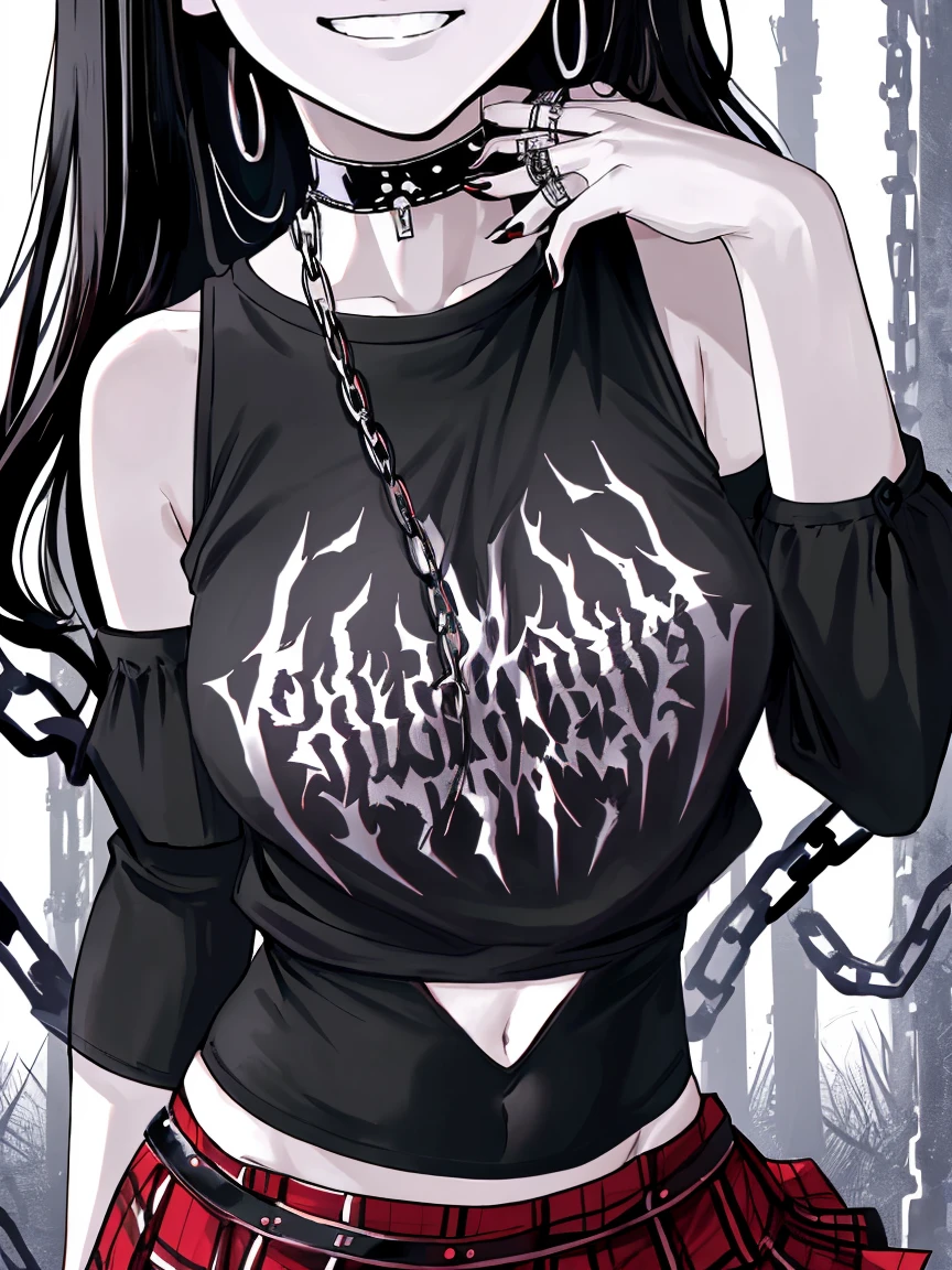 masterpiece, best quality, close up, focus on breasts, upper body, 1girl, smug, smile, long black hair, navel, bare shoulders, detached sleeves, choker, black shirt, (print on shirt:1.3), (black metal print:1.3), red plaid skirt, rings, chains, thigh strap, black thigh highs