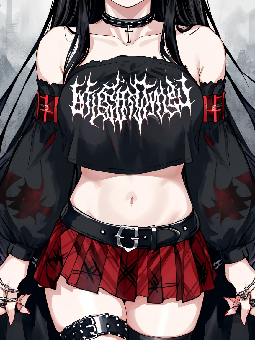 masterpiece, best quality, close up, upper body, 1girl, smug, smile, long black hair, navel, bare shoulders, detached sleeves, choker, black shirt, (print on shirt:1.3), (black metal print:1.3), red plaid skirt, rings, chains, thigh strap, black thigh highs