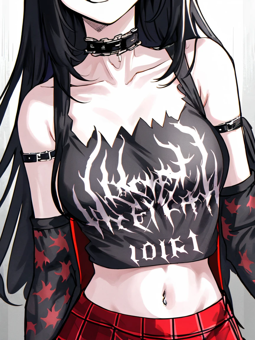 masterpiece, best quality, close up, focus on breasts, upper body, 1girl, smug, smile, long black hair, navel, bare shoulders, detached sleeves, choker, black shirt, (print on shirt:1.3), (black metal print:1.3), red plaid skirt, rings, chains, thigh strap, black thigh highs