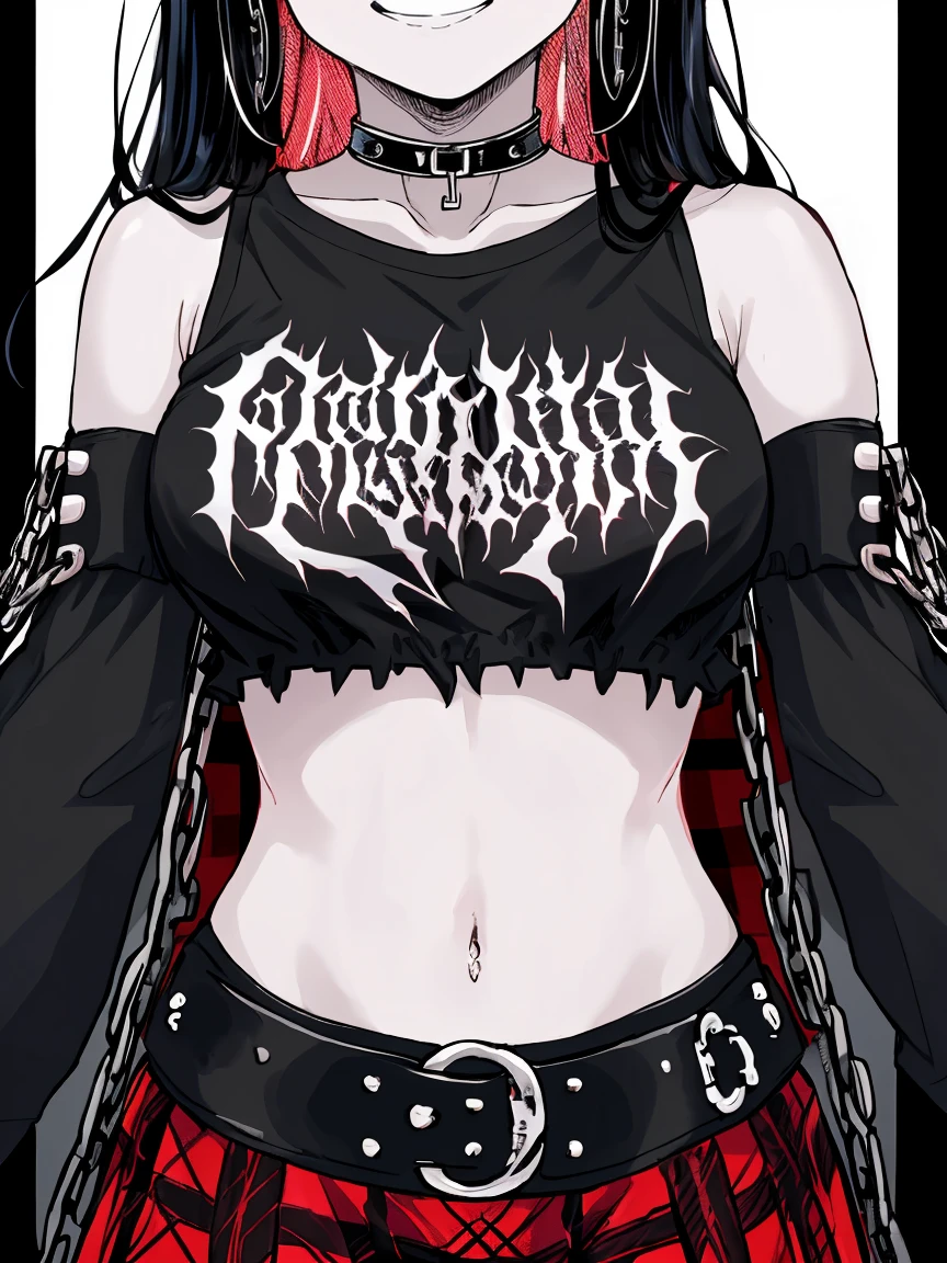 masterpiece, best quality, close up, focus on breasts, upper body, 1girl, smug, smile, long black hair, navel, bare shoulders, detached sleeves, choker, black shirt, (print on shirt:1.3), (black metal print:1.3), red plaid skirt, rings, chains, thigh strap, black thigh highs