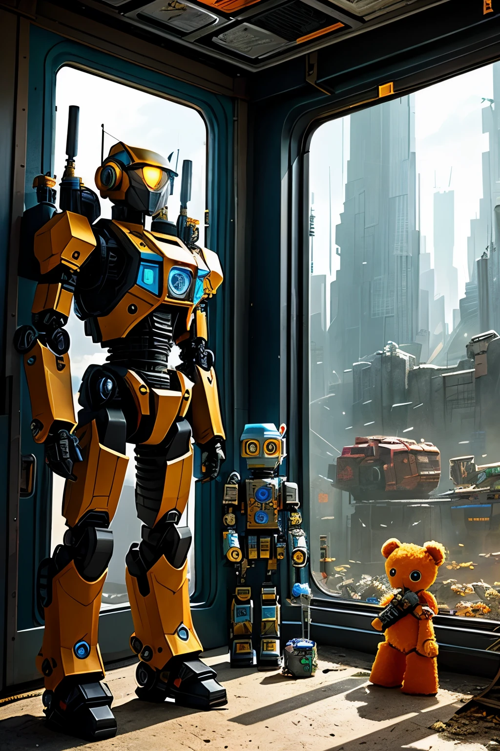 A humanoid robot, clad in polished metal, stands facing a store front with intrigued expression. In the glass window of the decrepit shop, an array of colorful toys is on display - dolls with exaggerated features, teddy bears with stitched-on grins, vintage cars, and building blocks. The vivid scene is captured in a detailed matte painting, featuring deep colors that pop against the dull background. The fantastic, post-apocalyptic concept art exudes a dramatic atmosphere, with complementary colors that add depth and dimension. The side light illuminates the intricate mech details of the robot's exterior, while the ground-level shot offers an 8K resolution glimpse