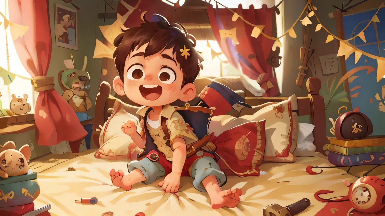 A boy, bedroom, playing to be a pirate, happy, happy, perfect quality, clear focus (clutter - home: 0.8), (masterpiece: 1.2) (realistic: 1.2) (bokeh) (best quality) (detailed skin: 1.3) (intricate details) (8K) (detail eyes) (sharp focus), (happy)
