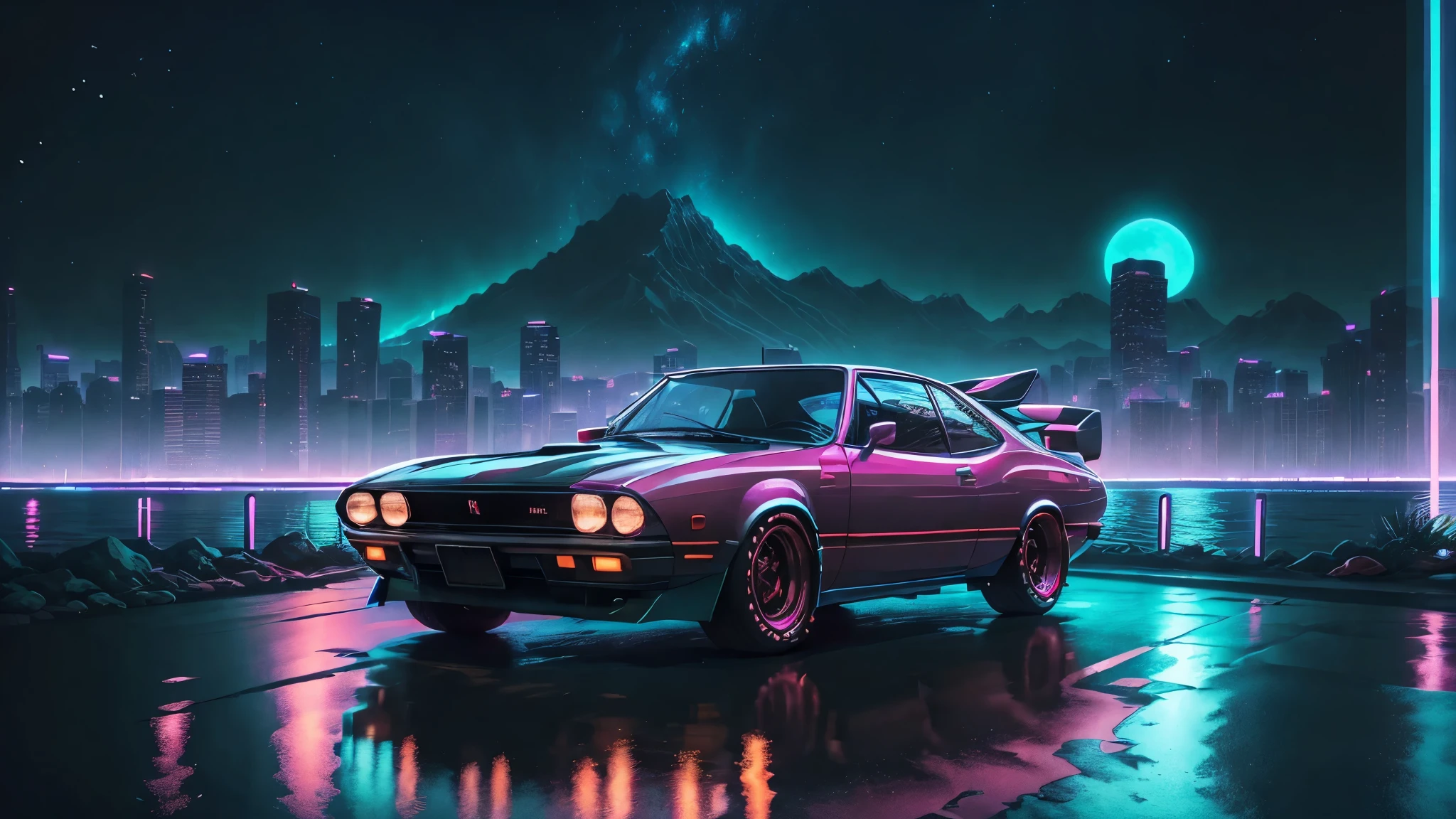 retrowave. city, 1969 Nissan S30, wide body kit, road, purple neon lights, sun, mountain,
(masterpiece,detailed,highres),
