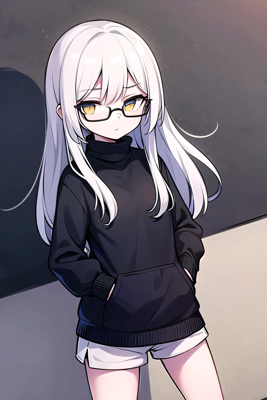 A young woman with long white hair, dark glasses and a black sweater with yellow triangles in the middle of her eyes. Wear white shorts. His hands are in his pockets. expression of disgust
