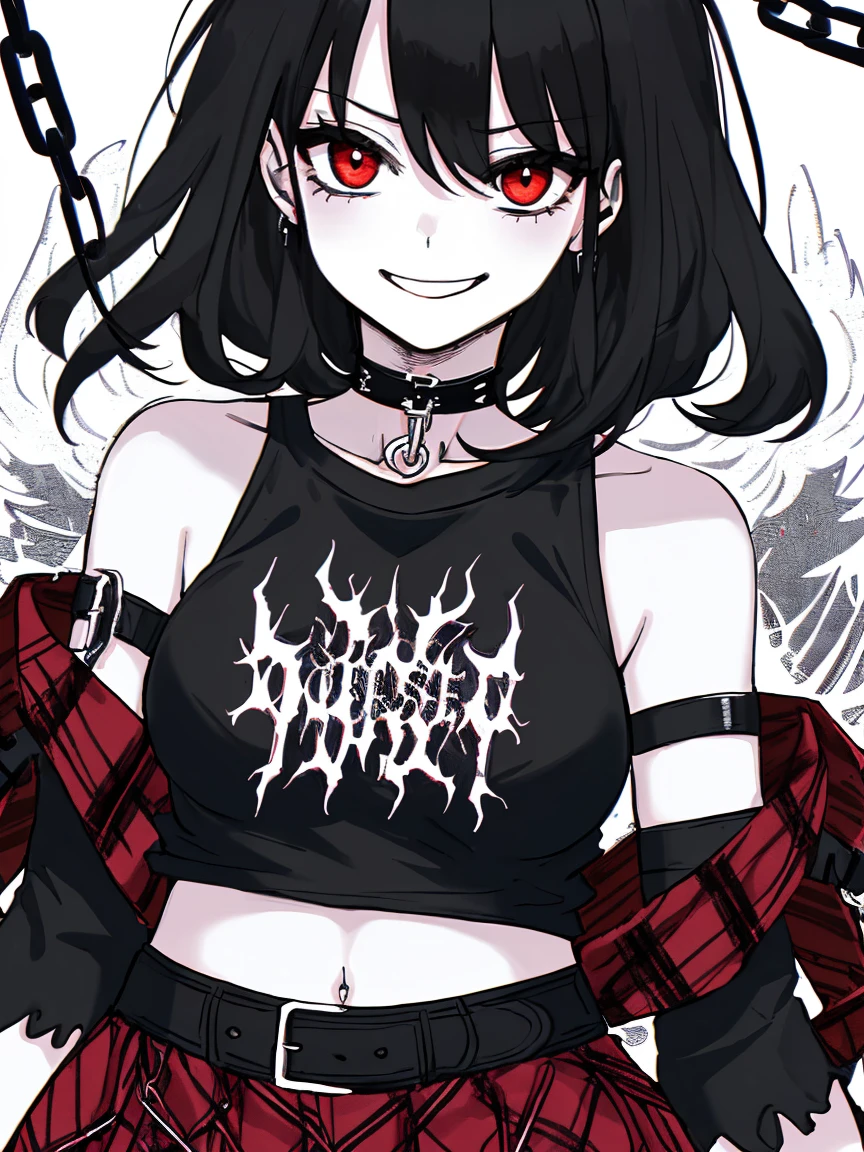 masterpiece, best quality, close up, upper body, 1girl, smug, smile, long black hair, navel, bare shoulders, detached sleeves, choker, black shirt, (print on shirt:1.3), (black metal print:1.3), red plaid skirt, rings, chains, thigh strap, black thigh highs