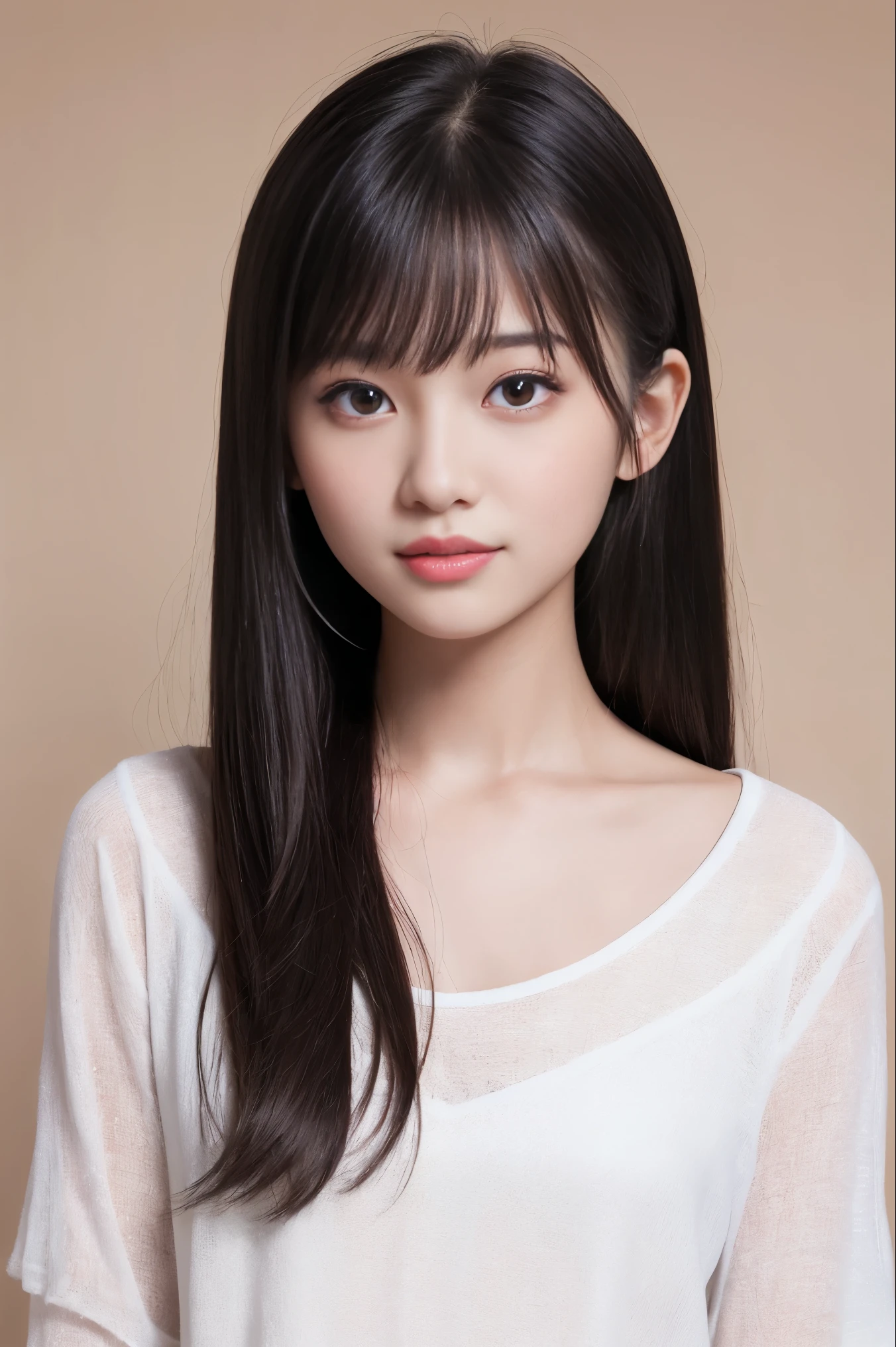 Bright pink background、highest quality、ultra high resolution、Beautiful woman、cute、alone、japanese woman。full body shot、15 year old student、high school girl、laughter。Beautiful young woman model。bright look、photorealism、extraordinary beautiful girl、beautiful face、(face to face with the children)、shining white skin、light brown straight hair、thin hair、Attractive beautiful brown eyes、double eyelid、、fashionable girl。wearing a white shirt。full body portrait。Healthy face。Skin Care Cosmetics、professional lighting。