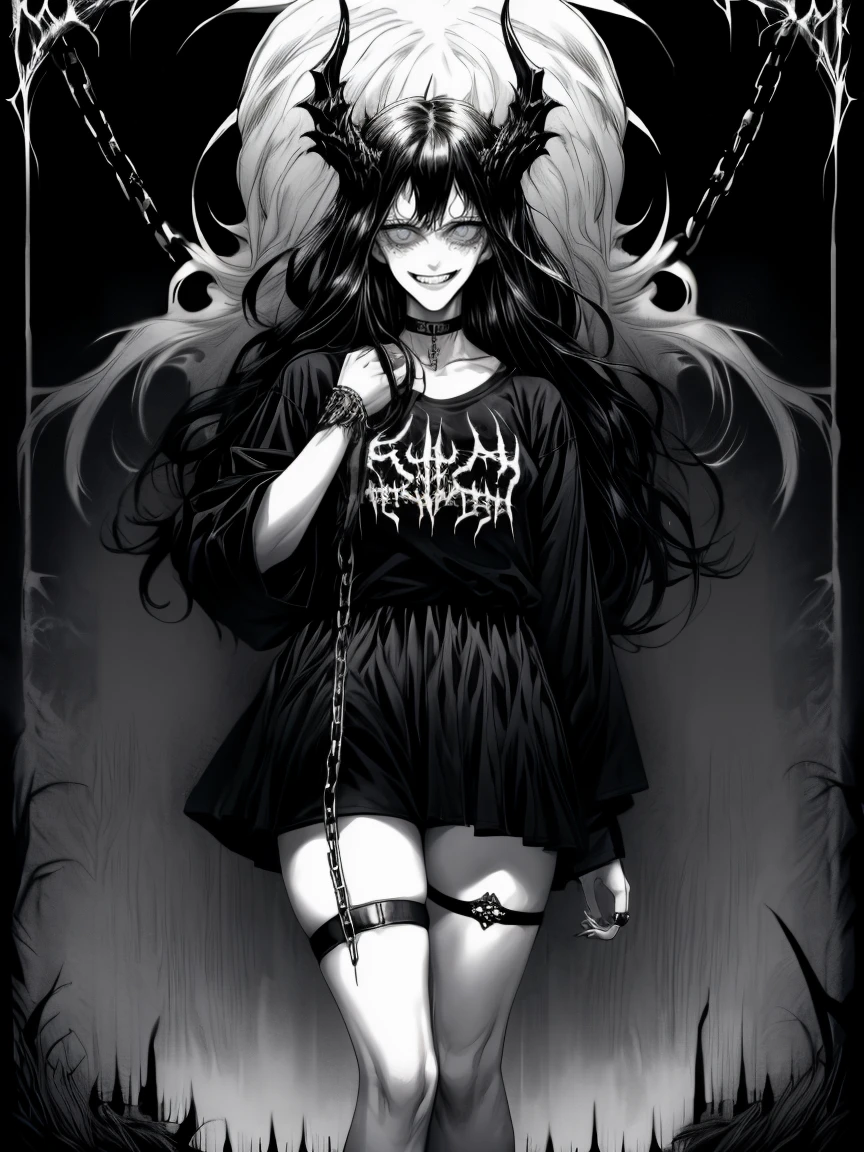 masterpiece, best quality, 1girl, smug, smile, long hair, black hair, straight bangs, grey eyes, medium breasts, choker, oversized shirt, black shirt, (print on shirt:1.2), (black metal print:1.4), bare legs, rings, chains, thigh strap