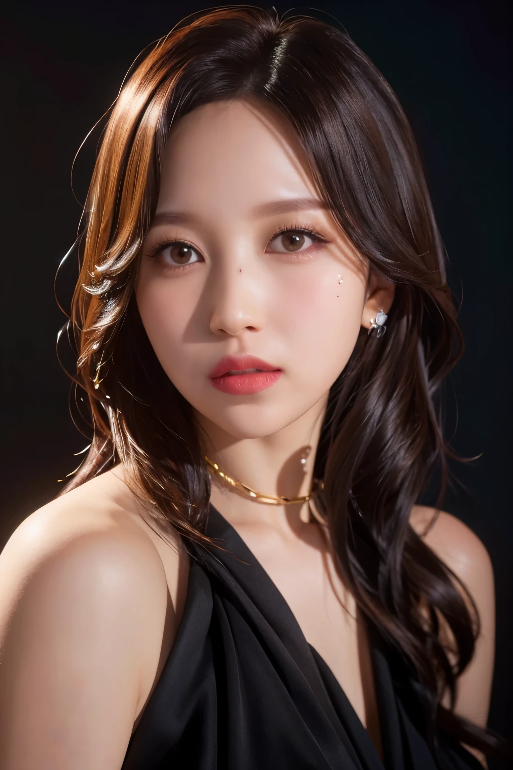 Mina, 1girl, solo, realistic, looking at viewer, photograph, photorealistic, beautiful and aesthetic, extremely detailed skin, extremely detailed hair, shadows, masterpiece, top quality, best quality, highres, ultra-high res, ultra-detailed, detailed lighting, high key lighting, vignetting,