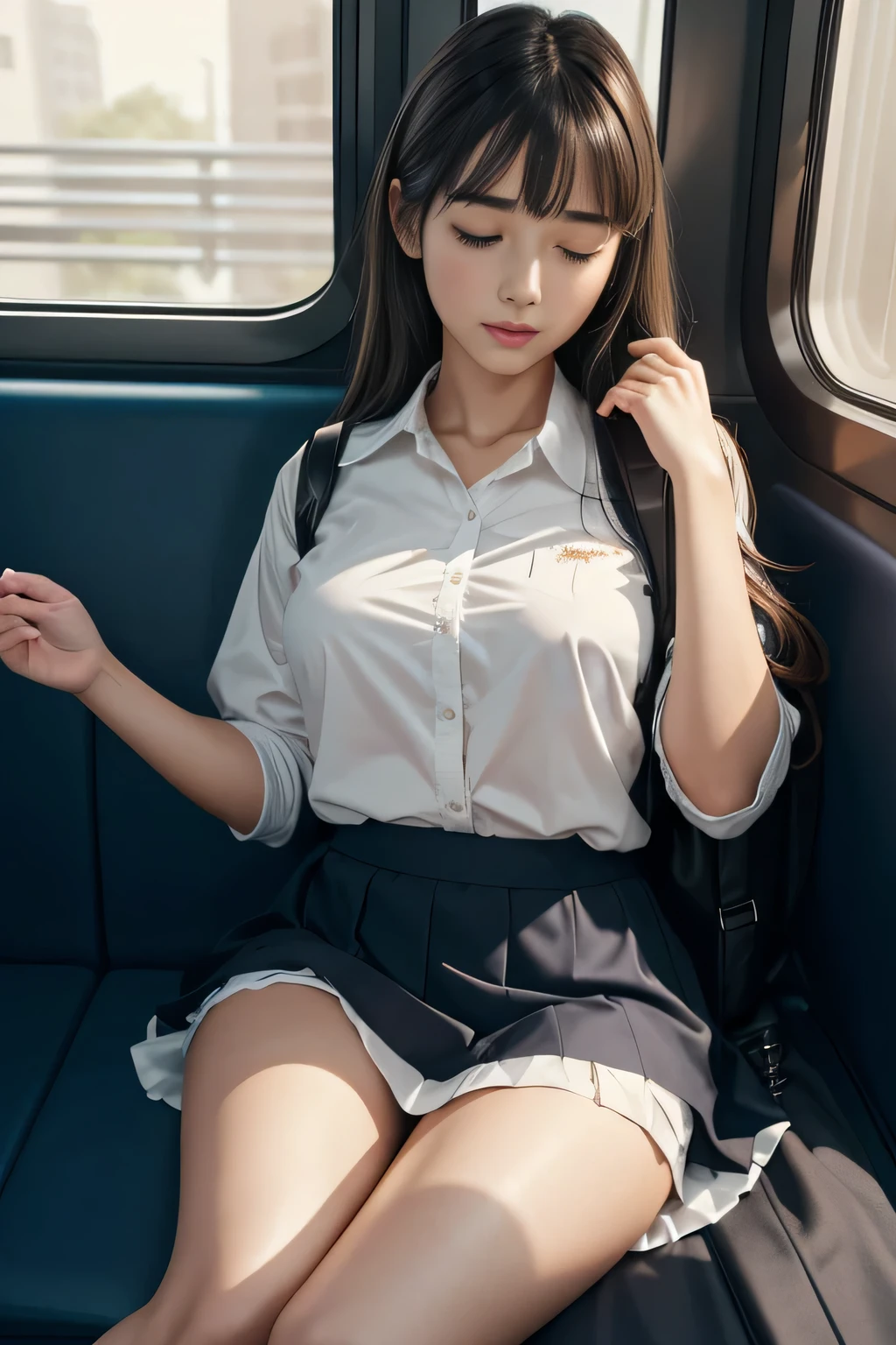 (8K,realistic:1.3), face with shadow, written boundary depth, school uniform,
beautiful detailed illustration,great art,(((very detailed))),
1 girl sitting,bangs,high school girl,sleep,close your eyes,{white panties,skirt},
cowboy shot,from before
,(((very detailed))),in the train, a young woman is sleep contentedly. Through the gap between her legs and skirt, I can see her panties. Because the car is shaking, Calm facial expressions and gentle breathing create a calm atmosphere..
,(((very detailed)))