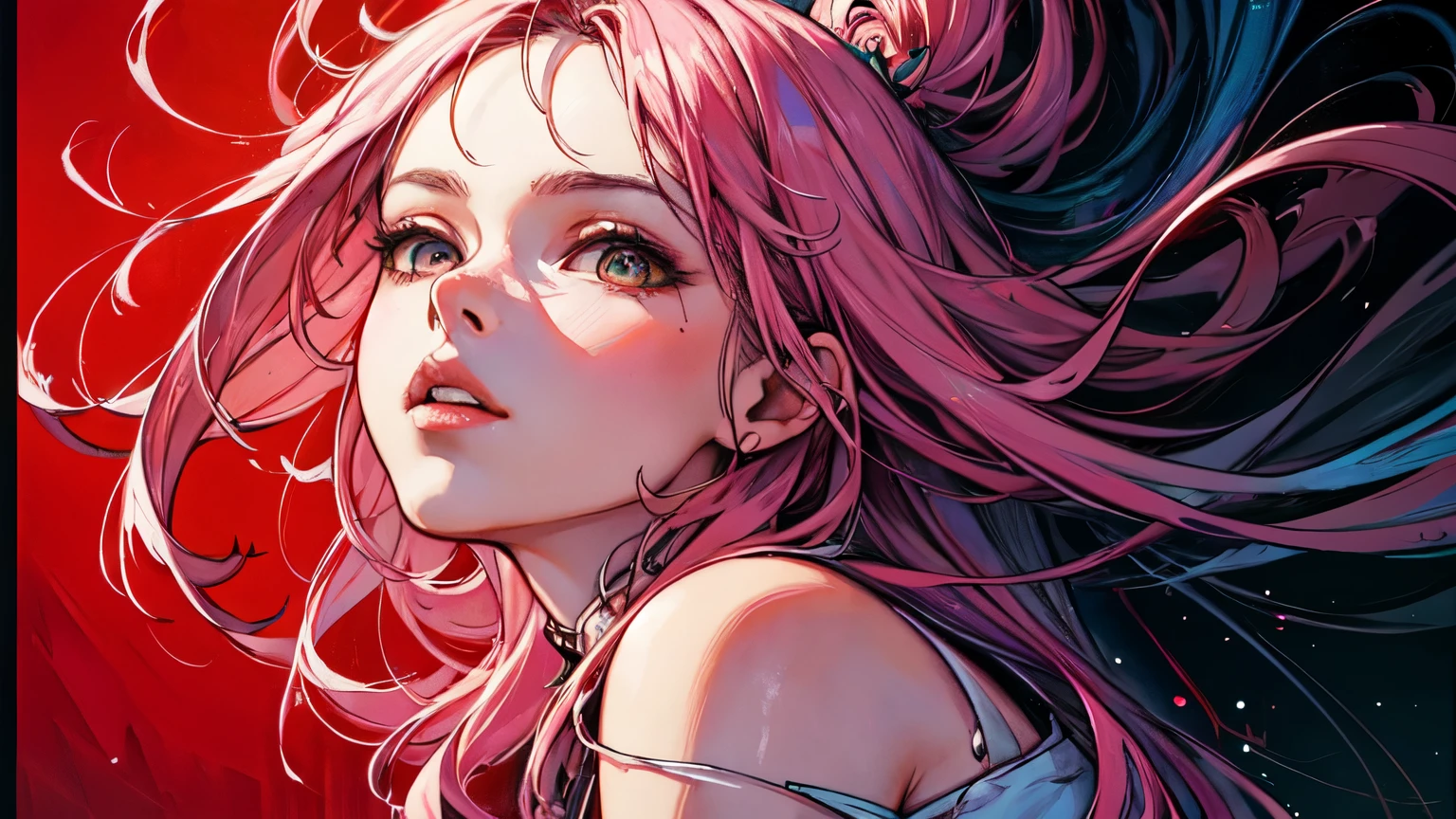 a painting of a woman with long pink hair, a hyper realistic painting, notes on top of the drawing, detailed 3d digital art, hyper realistic art, beautiful detailed 4k uhd, japanese pop surrealism, fine painting, trending on artstation, isometric, centered, stunning hyper-realistic full-color cover photo, art by Carne Griffiths and concept art by Wadim Kashin.
